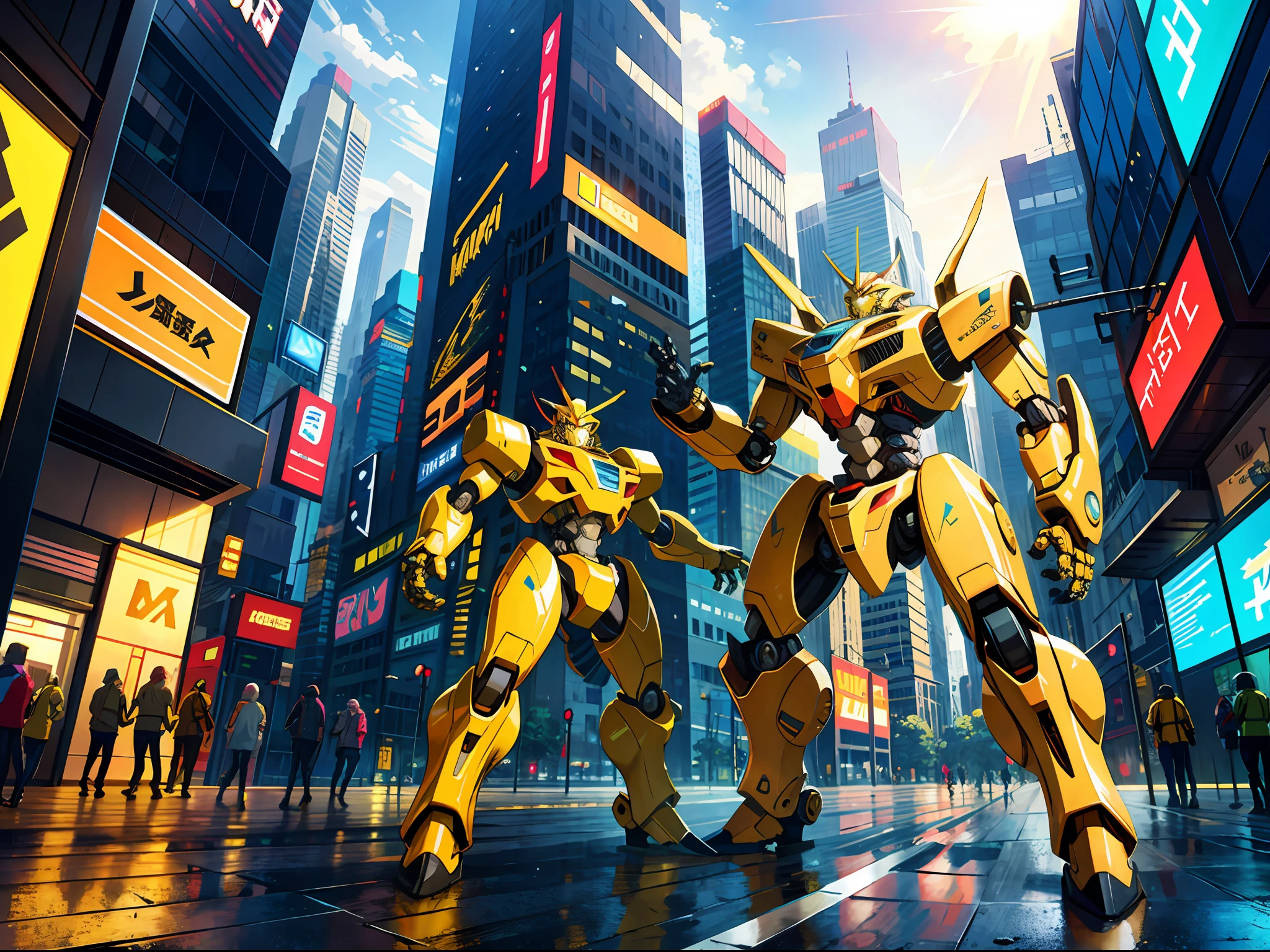 High resolution, highest quality, illustrations, super detailed, yellow morphing mechs, robots, cyber, city streets