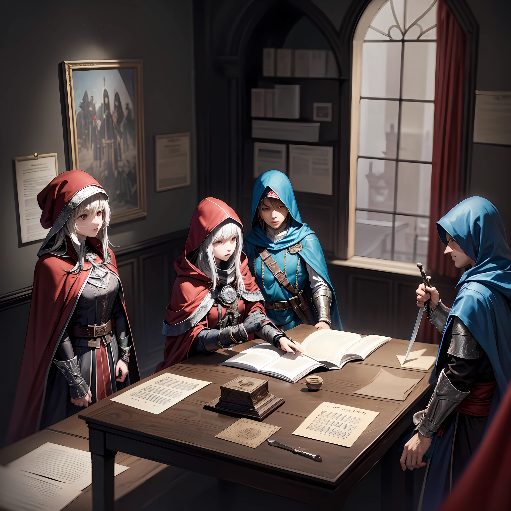 In this drawing, the members of the Order of Beanies gather in a dark and historic environment, with costumes inspired by the assassins of Assassin's Creed. They are in an old room, surrounded by artifacts and documents. The first member is standing, with a blue cape and a hidden blade. The second member is seated, with a gray cloak and a dagger. The third member, in a red cloak, is highlighted, holding a curved sword. The soft lighting enhances the mysterious atmosphere of the scene. The unity and shared purpose of these members is evident in their determined posture and expressions. --auto --s2