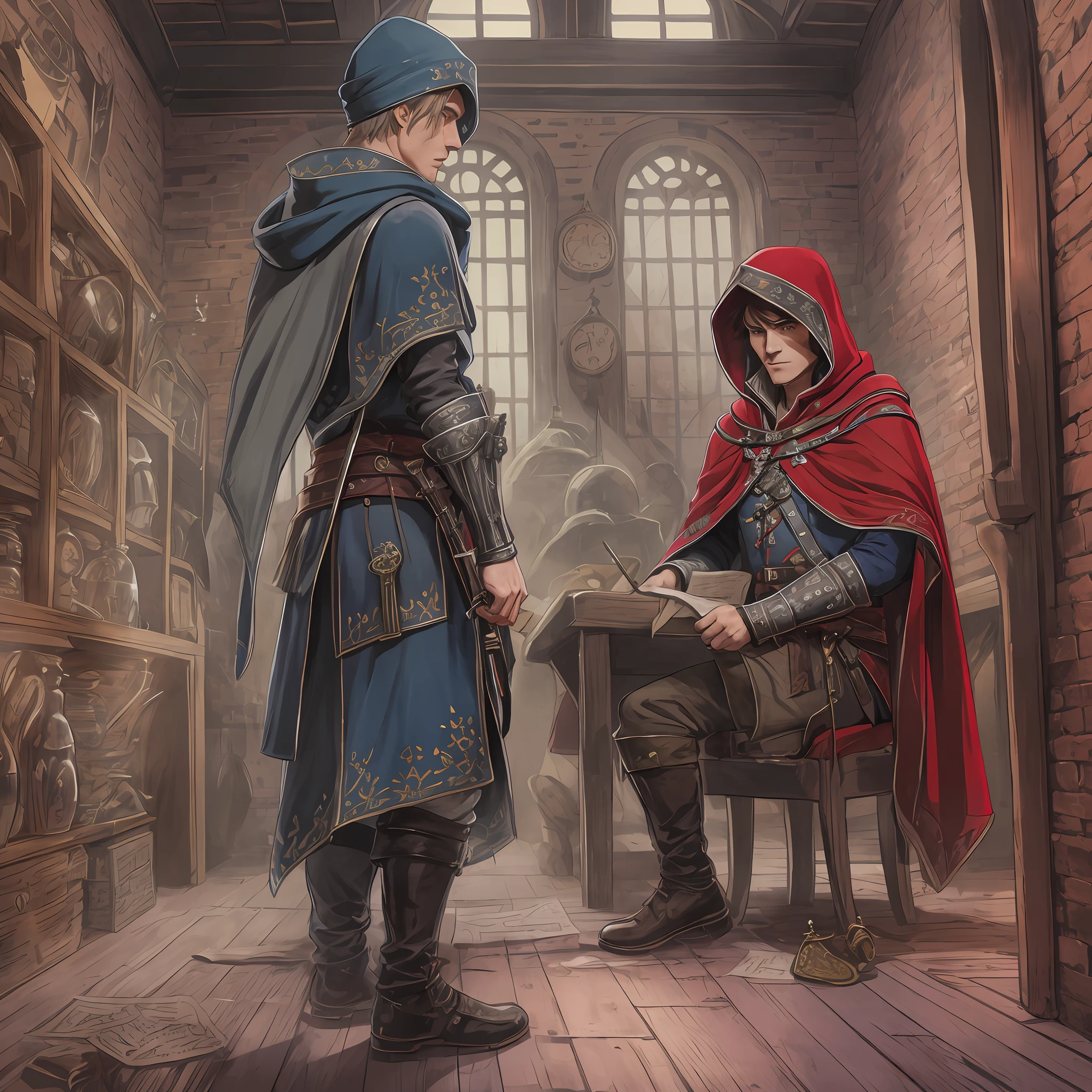In this cartoon, the male members of the Order of Beanies gather in a dark and historic environment, with costumes inspired by the assassins of Assassin's Creed. They are in an old room, surrounded by artifacts and documents. The first member is standing, with a blue cape and a hidden blade. The second member is seated, with a gray cloak and a dagger. The third member, in a red cloak, is highlighted, holding a curved sword. The soft lighting enhances the mysterious atmosphere of the scene. The unity and shared purpose of these members is evident in their determined posture and expressions. --auto --s2
