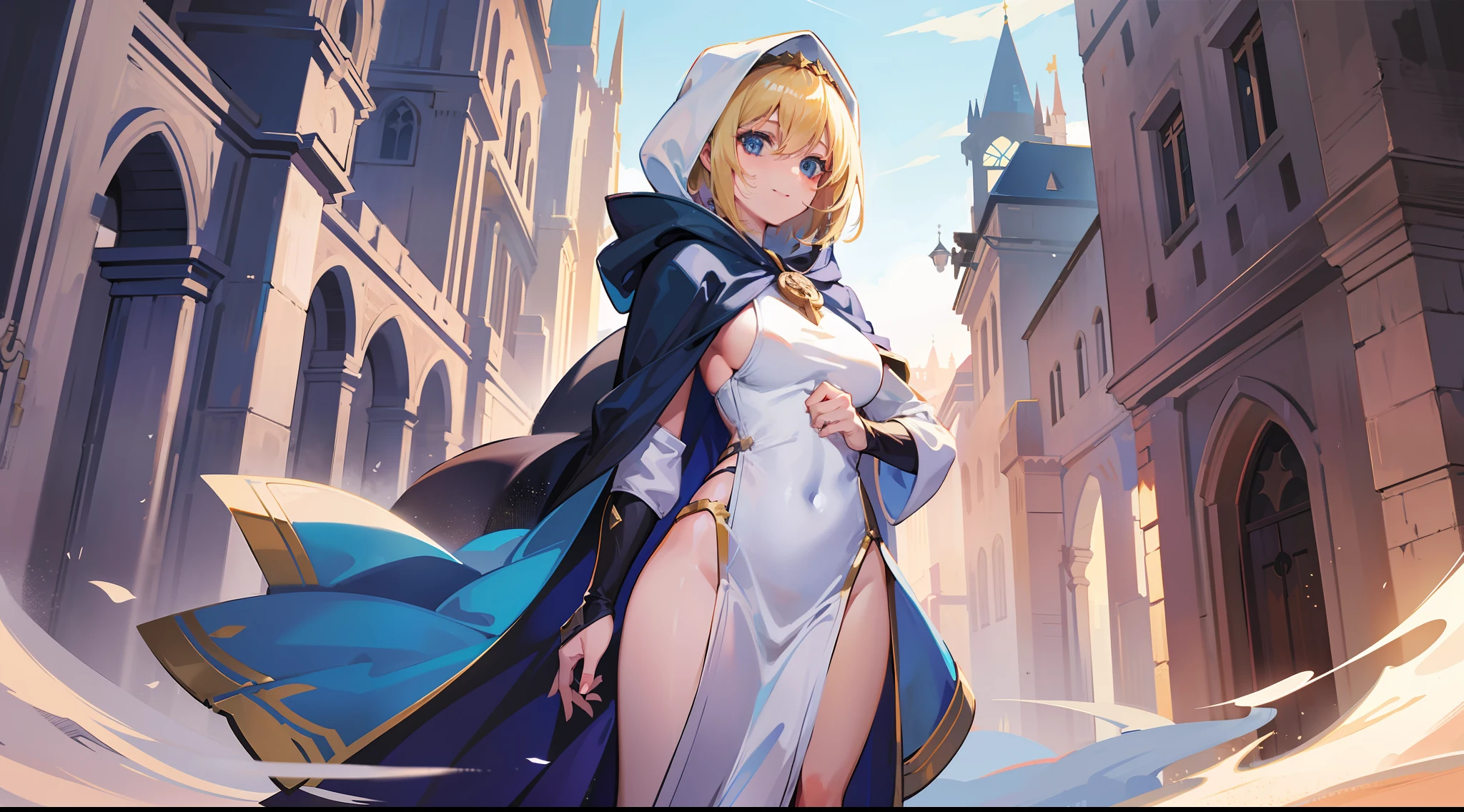 a girl, cleric, blonde, short hair, bright blue eyes, beautiful breasts, hair between eyes, bangs, full body, confident, heroic posture, smiling, looking at camera, white robe, cape, hood lowered, fantasy, medieval, dusk