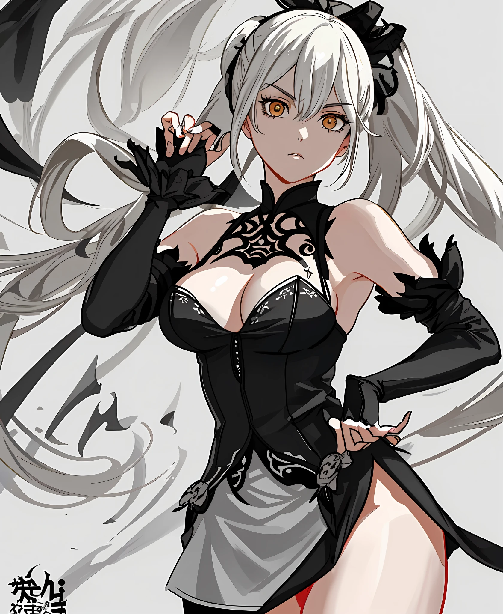 "An irate character with long pigtails with white hair and eyes, inspired by Nier Automata (x1.6) in an absurd, hand-drawn illustration of high quality and ultra-detailed craftsmanship. A masterpiece in 8K or 4K resolution, embodying the essence of anime and Nier."