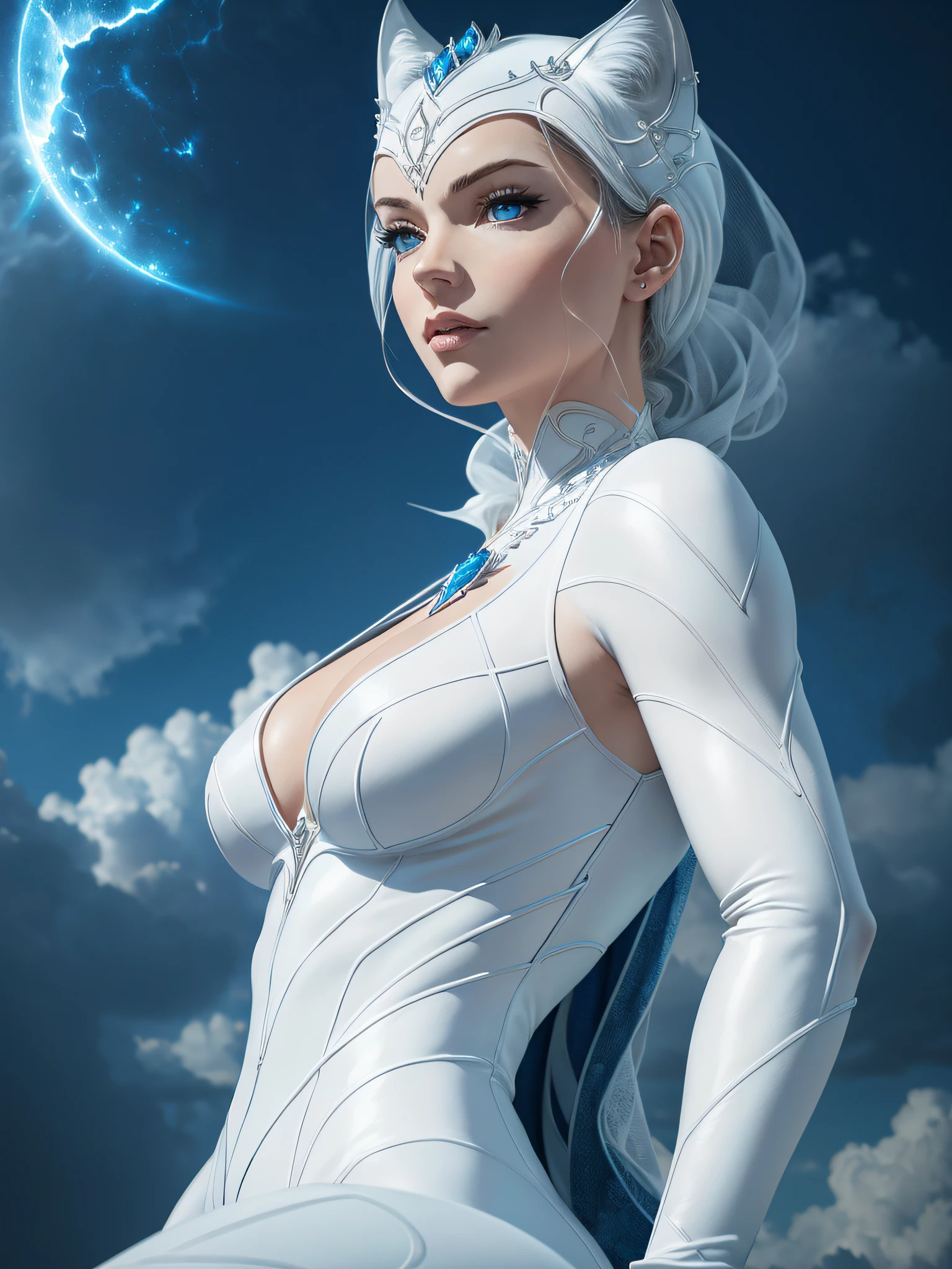 White Catwoman, background is cloudy blue sky, fantasy, magical, intricate details,dramatic,(dynamic upper body pose:1.1), dramatic lighting,depth of field. Best quality, masterpiece, ultra high res,(anime realism, photorealistic:1.4), perfect composition, centered, symmetry