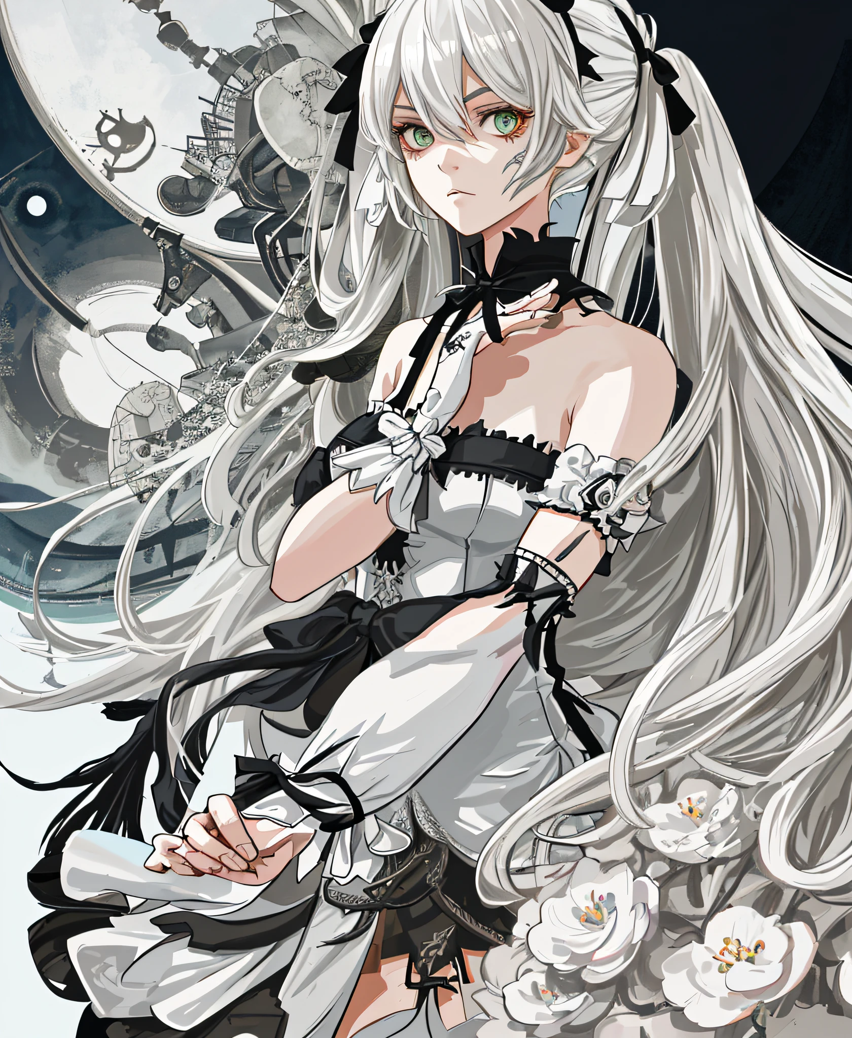 "An irate character with long pigtails with white hair and eyes, inspired by Nier Automata (x1.6) in an absurd, hand-drawn illustration of high quality and ultra-detailed craftsmanship. A masterpiece in 8K or 4K resolution, embodying the essence of anime and Nier."