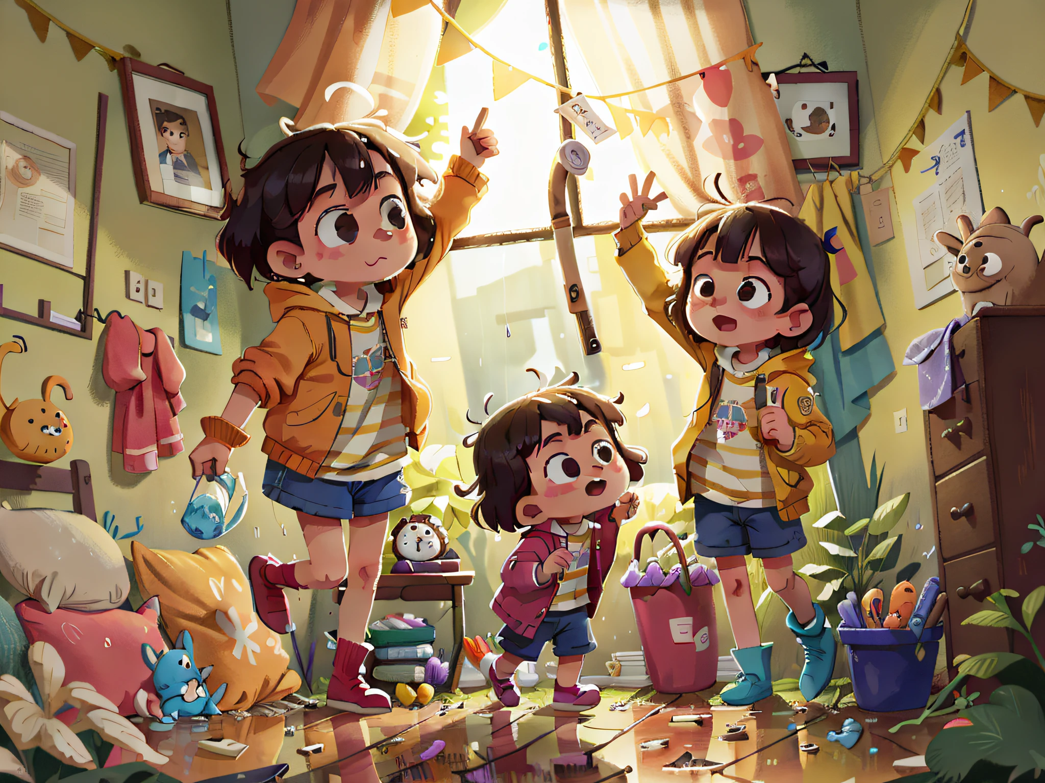 On a rainy day, the "Pillipillias" had fun jumping in the puddles, but always remembering not to dirty the house. Then, with Mom's help, they dried their feet and hung up their coats so as not to wet the furniture. The twins knew that responsibility was important, even in play.