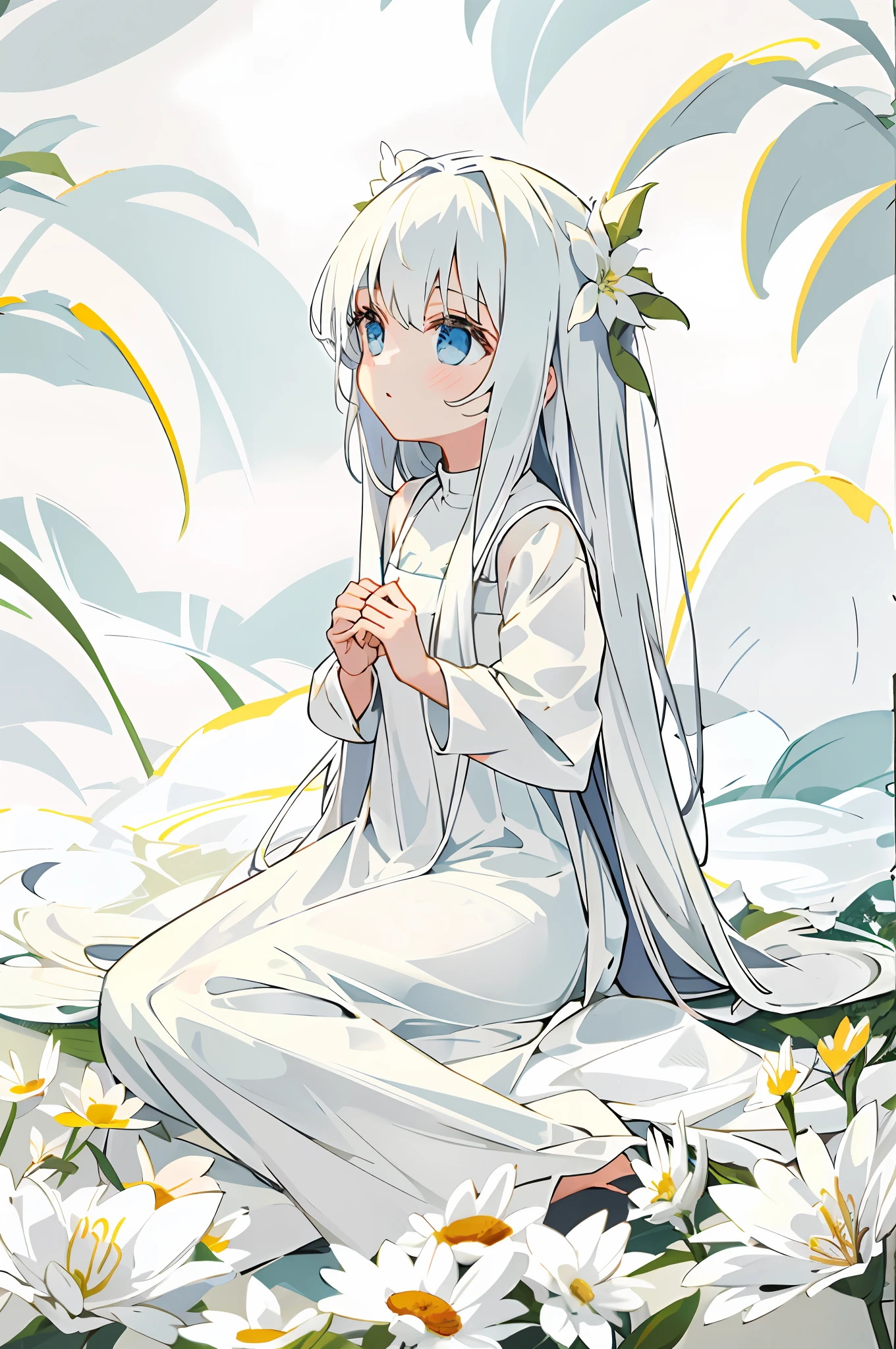 Masterpiece, of the best quality, a girl with long light hair, soft white clothes, lying alone in a never-ending flower field