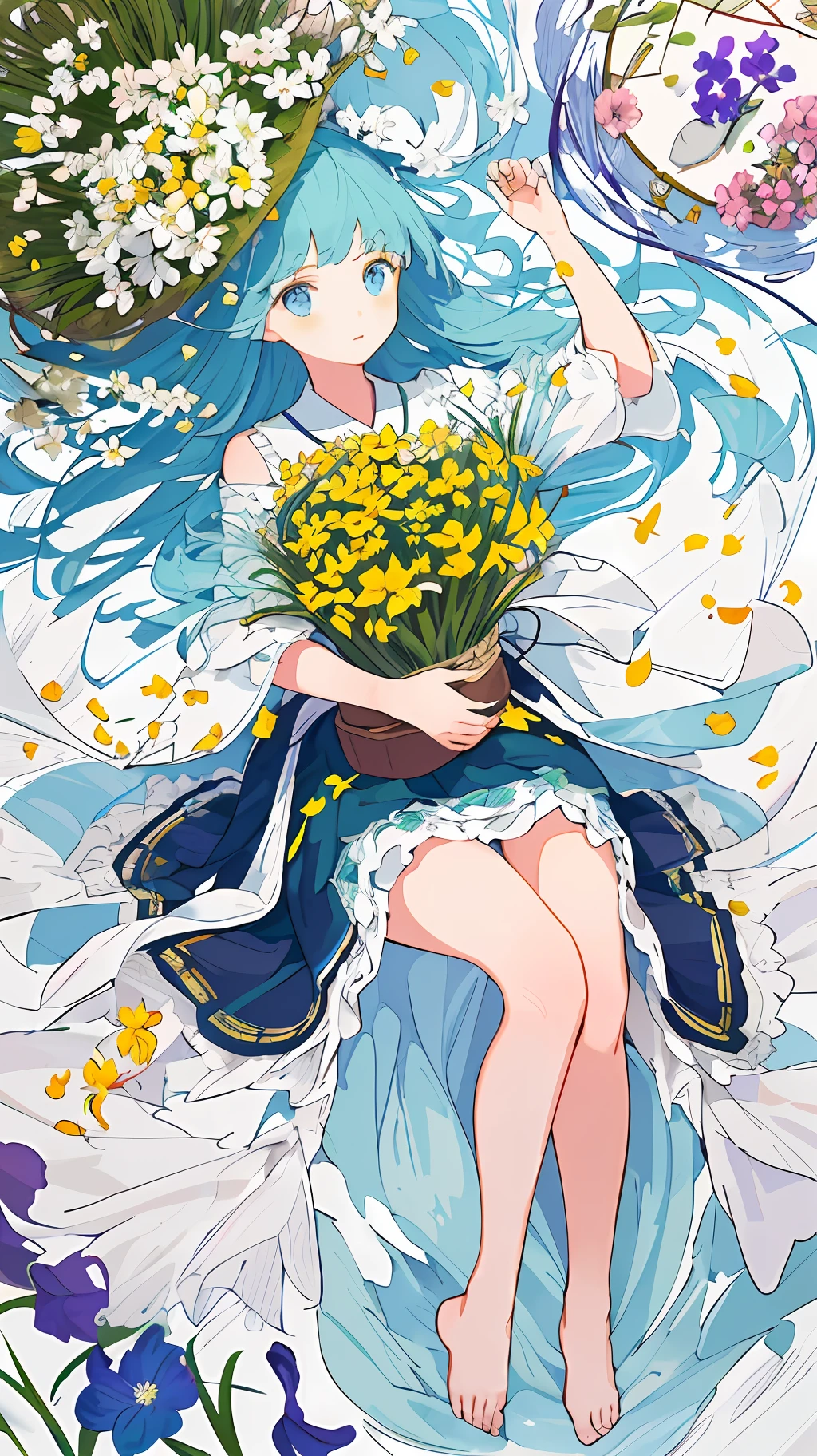 ((masterpiece,best quality)),(1girl, solo:1.4),negative space:1.3,from above,beautiful detailed eyes, vivid, cloudy sky, flower, anemone \(flower\), daffodil, hyacinth,falling petals,sanshoku dango, hanami, picnic, incoming kiss, incoming hug,
