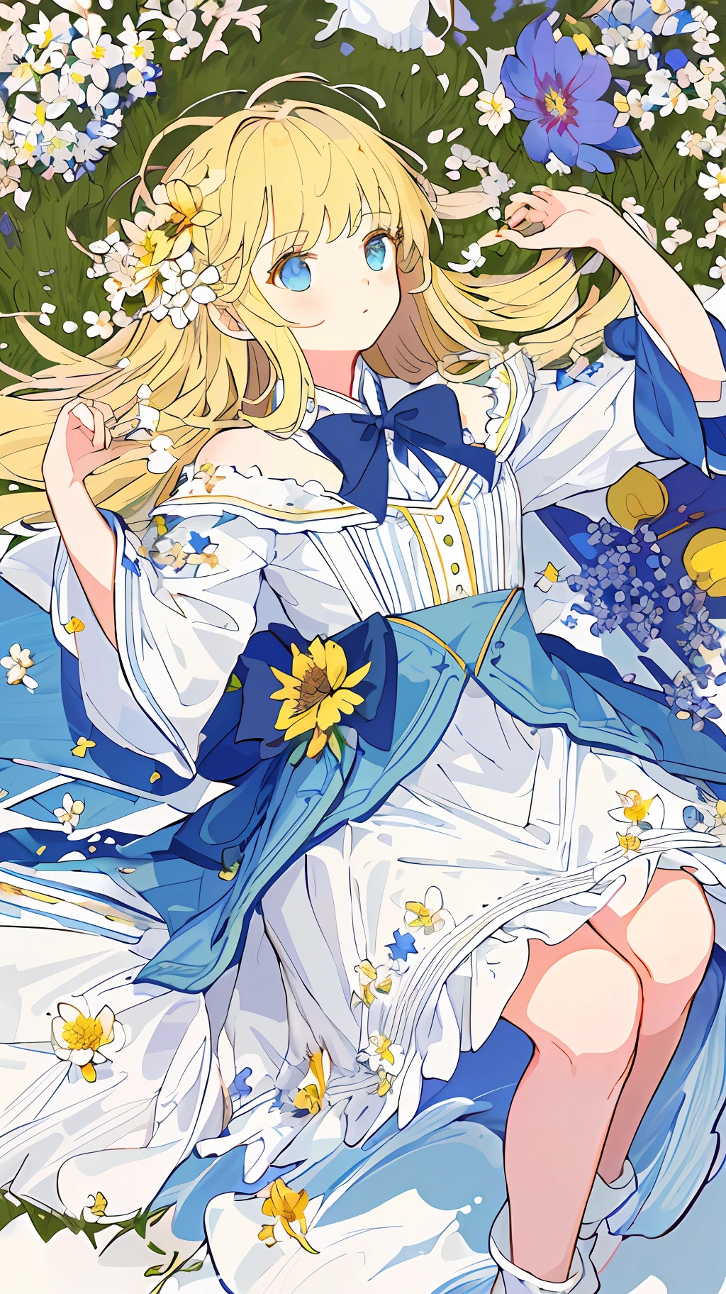 ((masterpiece,best quality)),(1girl, solo:1.4),negative space:1.3,from above,beautiful detailed eyes, vivid, cloudy sky, flower, anemone \(flower\), daffodil, hyacinth,falling petals,sanshoku dango, hanami, picnic, incoming kiss, incoming hug,