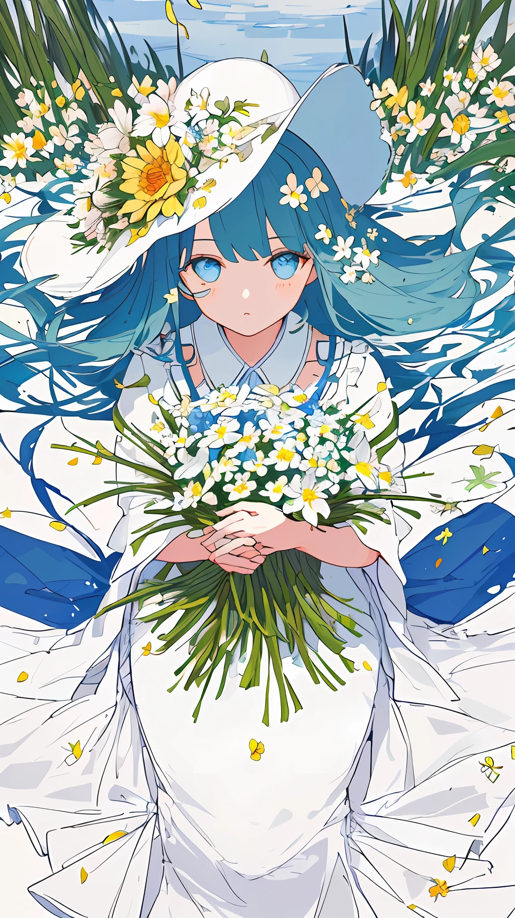 ((masterpiece,best quality)),(1girl, solo:1.4),negative space:1.3,from above,beautiful detailed eyes, vivid, cloudy sky, flower, anemone \(flower\), daffodil, hyacinth,falling petals,sanshoku dango, hanami, picnic, incoming kiss, incoming hug,