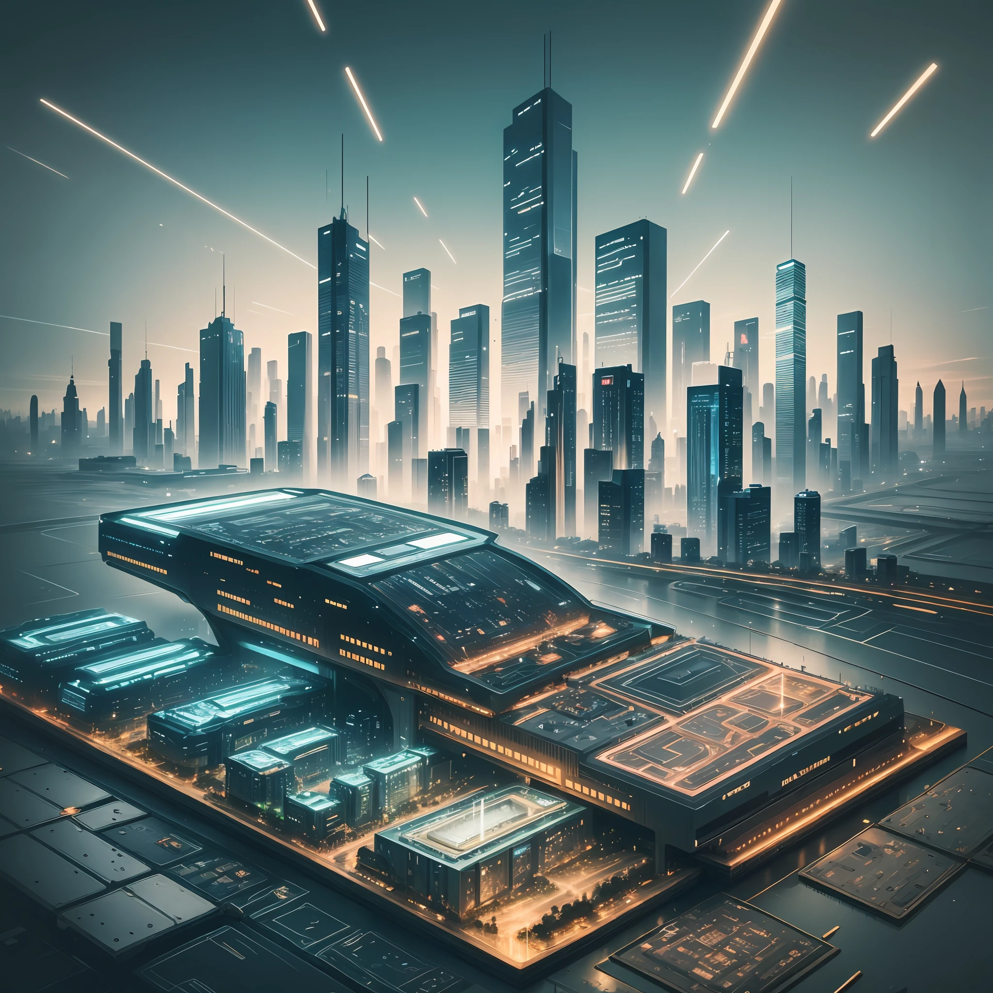 Cover for e-books and technology tutorials with soft and neutral colors, 4k, electronic circuits, automation, illuminated city, maker --auto --s2