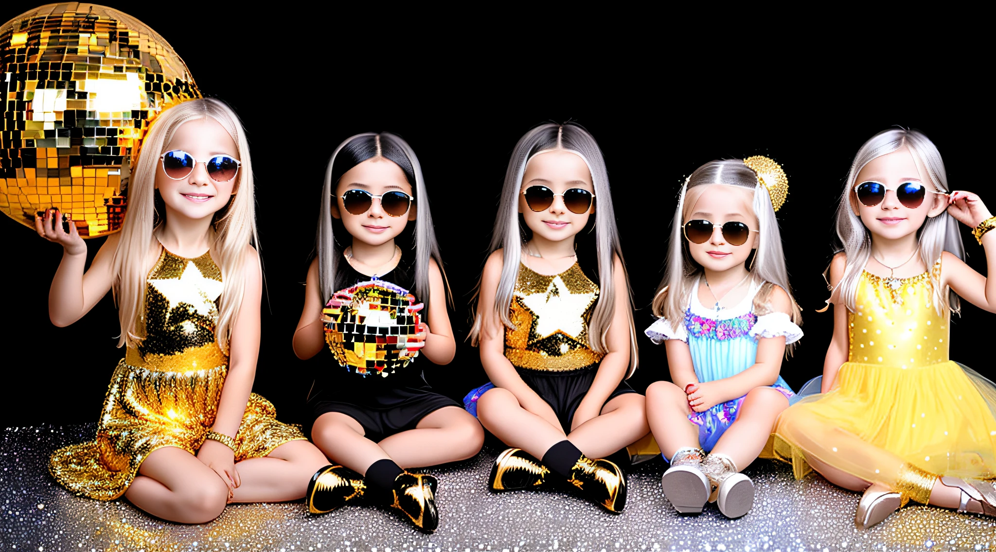 3 girlsRussian children with , WITH LONG STRAIGHT HAIR, PORTRAIT STYLE, sunglasses holding a disco ball black background with gold colored stars, disco ball, silver hair, disc smile,