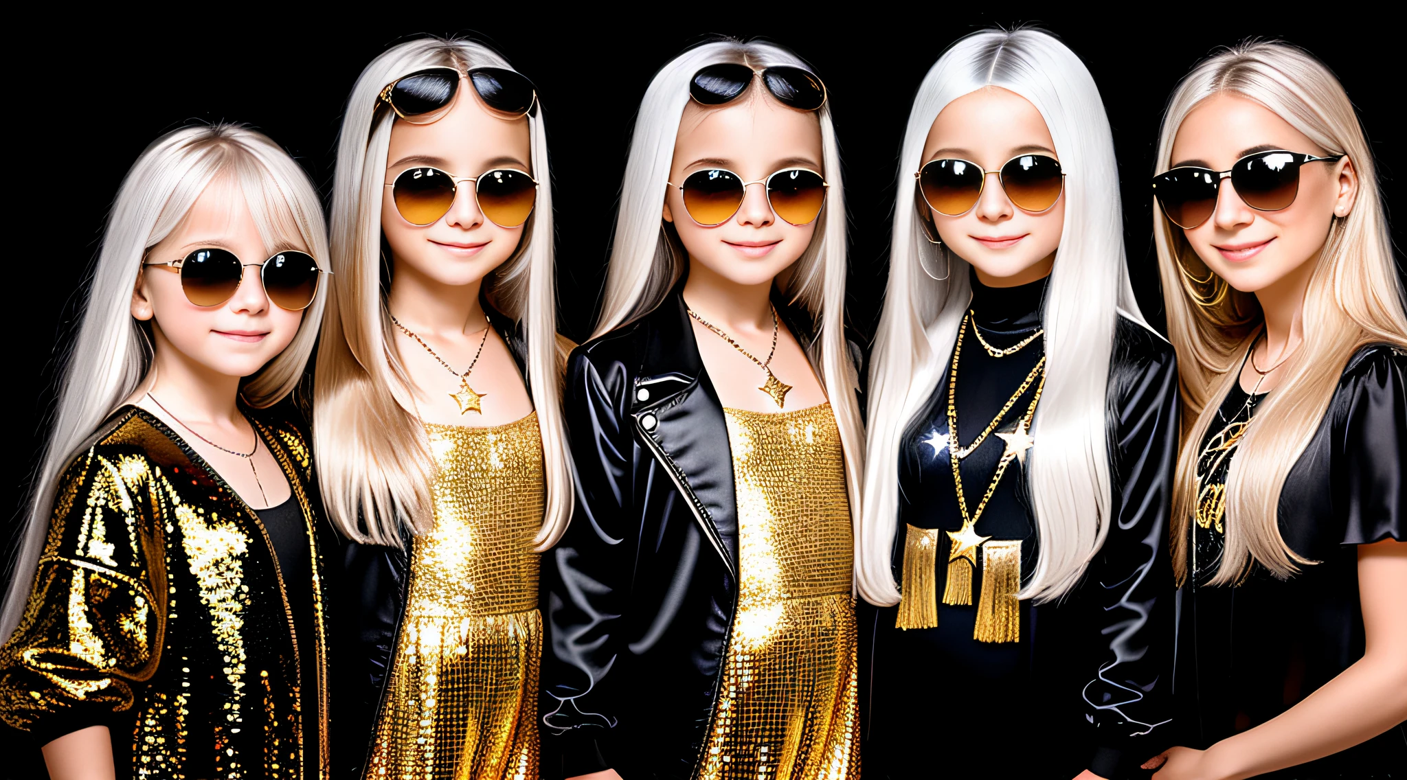 3 girlsRussian children with , WITH LONG STRAIGHT HAIR, PORTRAIT STYLE, sunglasses holding a disco ball black background with gold colored stars, disco ball, silver hair, disc smile,