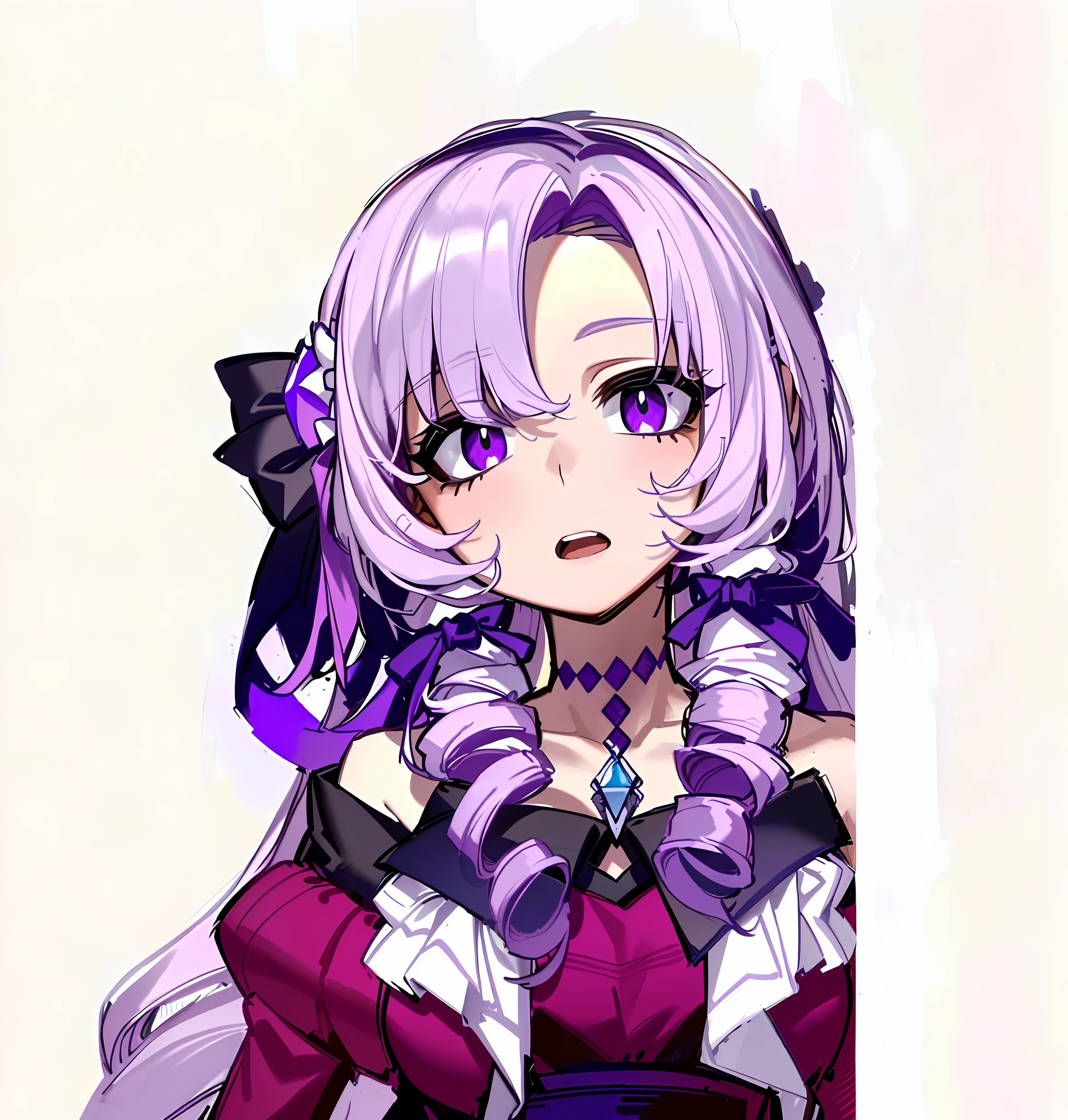 (Masterpiece, Top Quality, Best Quality, Watercolor (Medium), Official Art, Beautiful and Aesthetic: 1.2), (1 Girl: 1.3), (Fractal Art: 1.3), Upper Body, From the Side, Looking Right, Wide Open Eyes, Pupil Open Eyes, Open Mouth, Drill Hair, Purple Ribbon, Purple Eyes, Lilac Hair, Off Shoulder, Diamond in Eyes