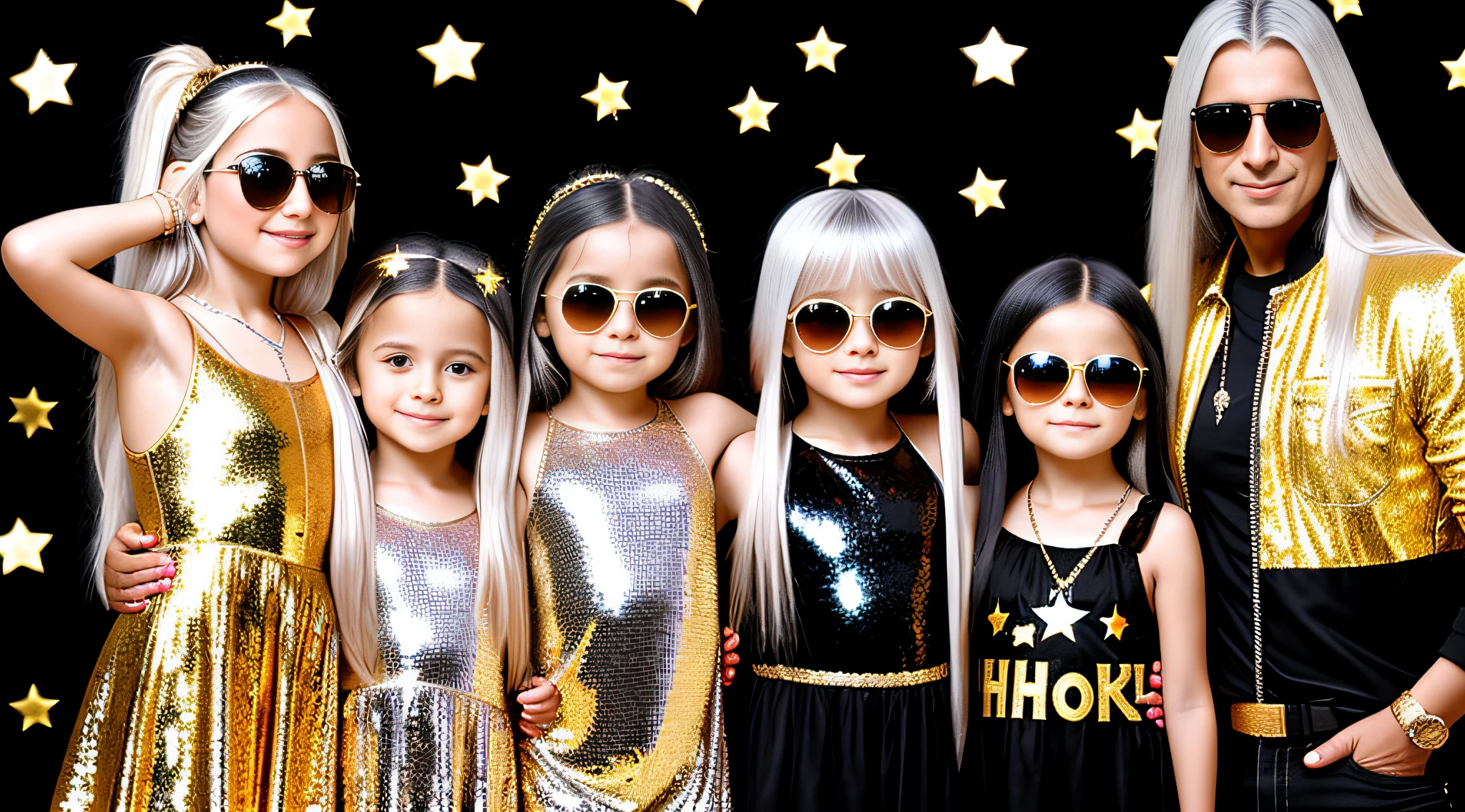 3 girlsRussian children with 10 years old, WITH LONG STRAIGHT HAIR, PORTRAIT STYLE, sunglasses holding a disco ball black background with gold colored stars, disco ball, silver hair, disc smile,