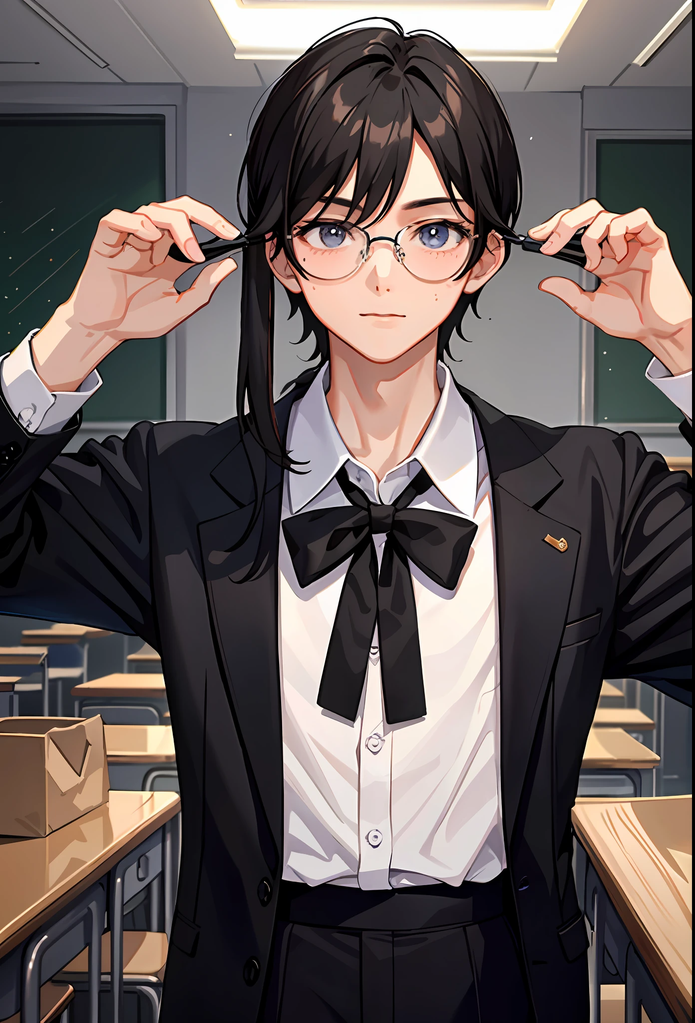 masterpiece, 1boy, male, , medium length hair, dark hair, rectangular glasses, shirt, school, upper body,