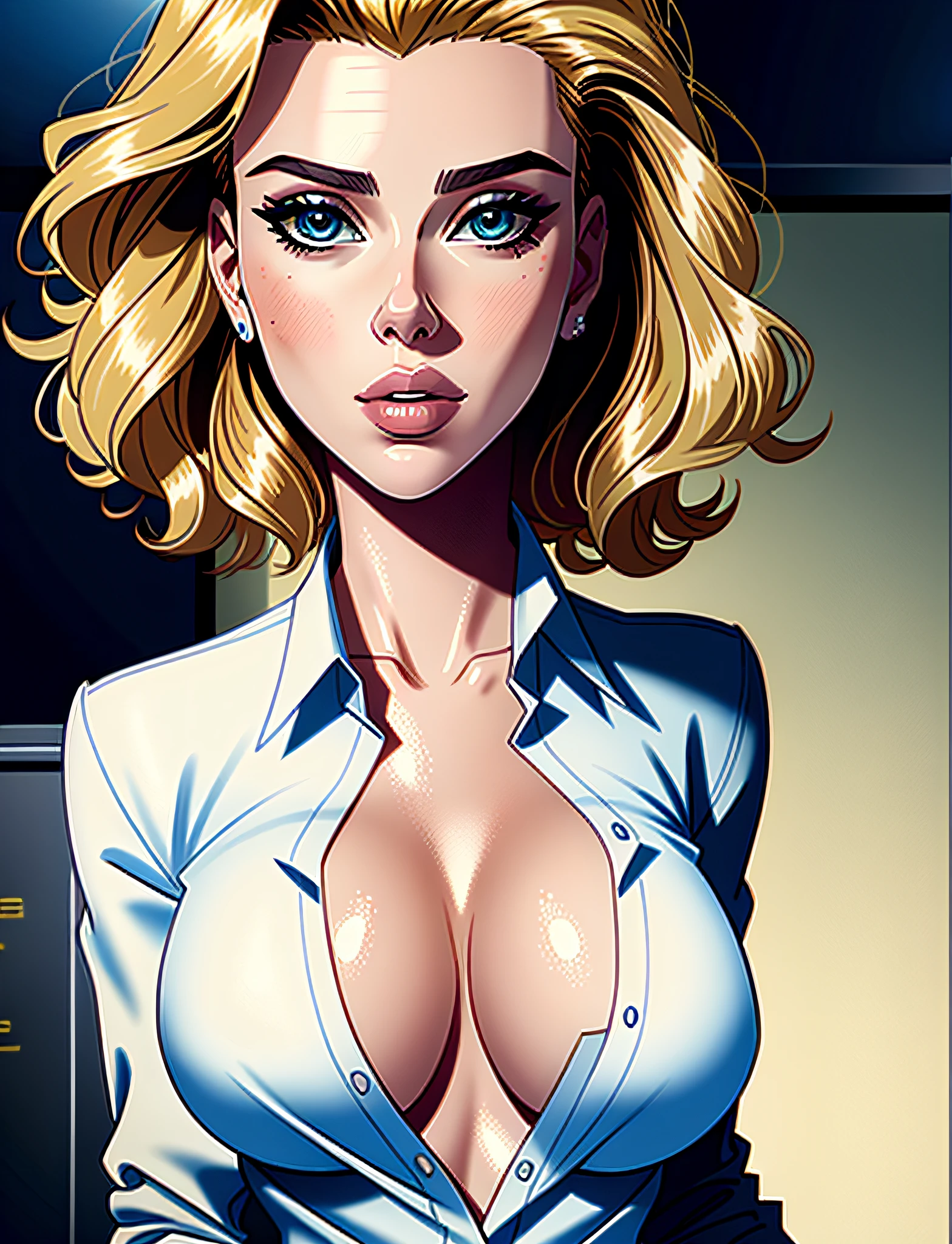 a portrait of actress Scarlett Johansson, stiff jacket, (unbuttoned shirt:1.2), little cleavage, detailed office background face, cinematic, insane details, intricate details, hyperdetailed, closeup, bright face,