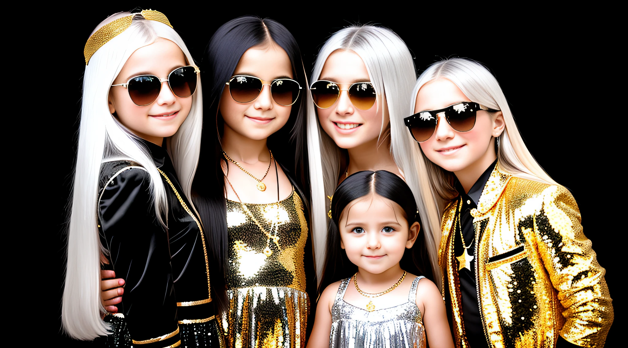 3 girlsRussian children with 10 years old, WITH LONG STRAIGHT HAIR, PORTRAIT STYLE, sunglasses holding a disco ball black background with gold colored stars, disco ball, silver hair, disc smile,