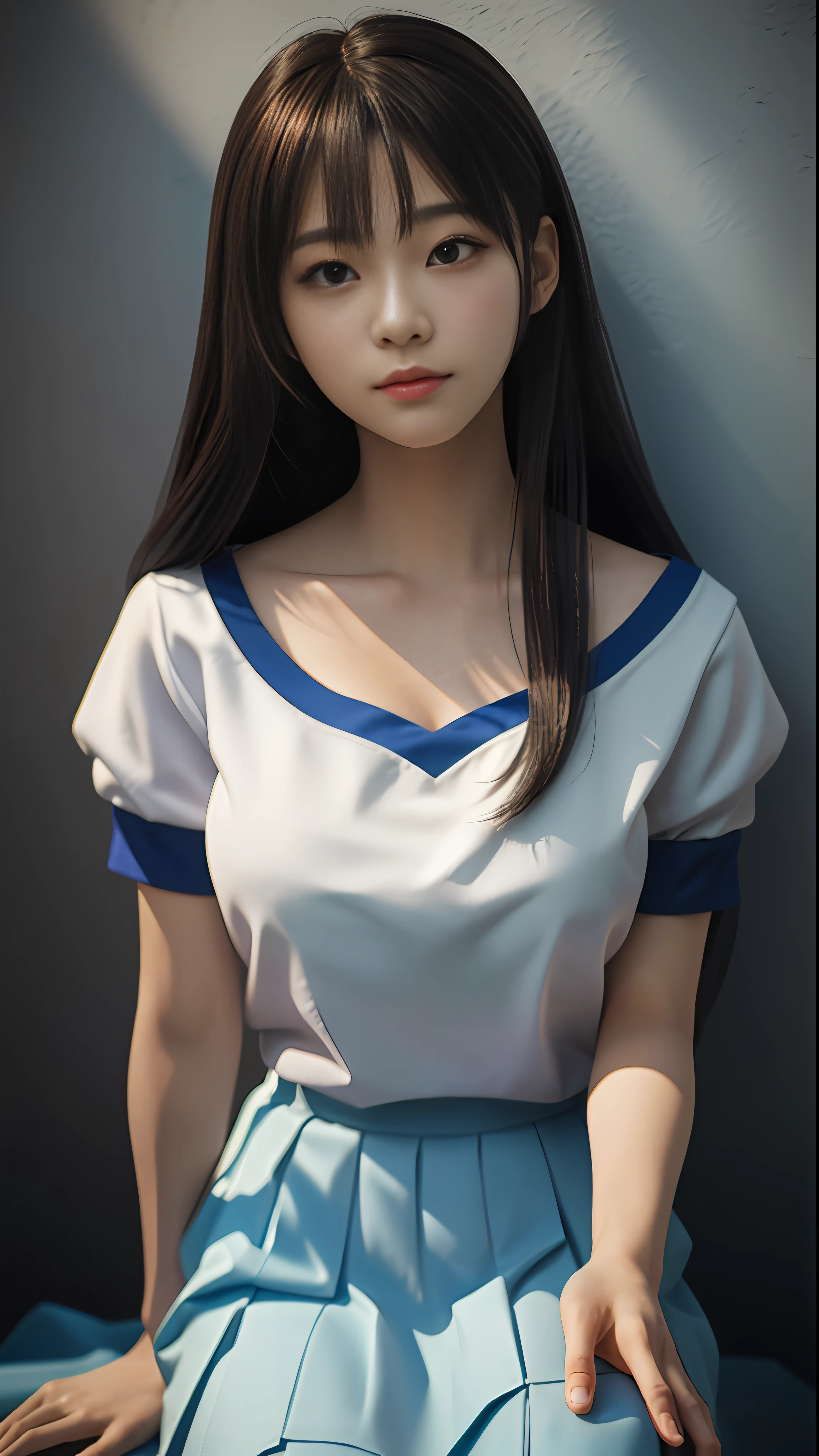 There is a woman standing in front of the wall with a picture on it, realistic anime 3D style, highly detailed soft lighting, realistic anime girl rendering, 3D anime realistic, girl portrait, [4K realism]!!, [4K realism]!!!, anime style 3D, realistic soft lighting, surreal teenagers, realistic costumes, rich details, short sleeves, short skirts, elegant, long hair, a healthy asian girl, super detailed, masterpiece, flat chest, 🤤 three seven bangs