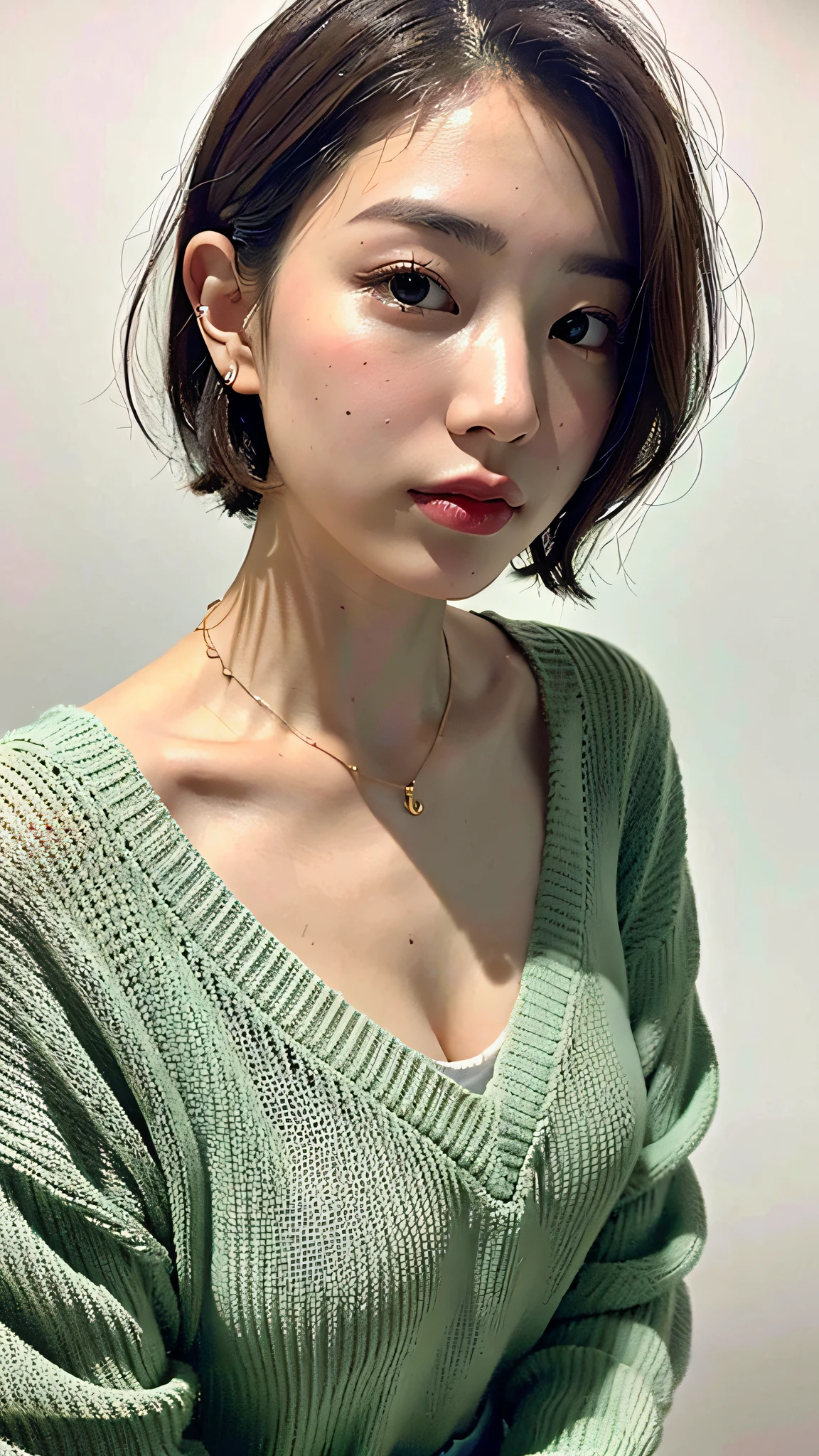 (Best quality, 8k, 32k, Masterpiece, UHD:1.2),Photo of Pretty Japanese woman, large breasts, very short bob hair,upper body,face focus,oversized_sweater, necklace, simple background, from above, looking at viewer,