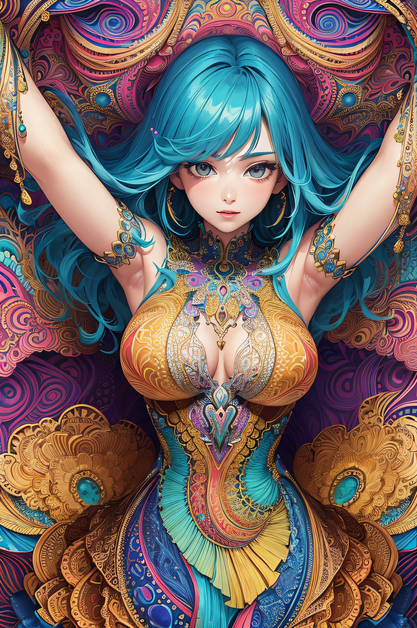 (masterpiece, top quality, best quality, official art, beautiful and aesthetic:1.2), (1girl:1.3), extremely detailed,(fractal art:1.2),colorful,highest detailed,(zentangle:1.2), (dynamic pose), (abstract background:1.5), (treditional dress:1.2), (shiny skin), (many colors:1.4), upper body