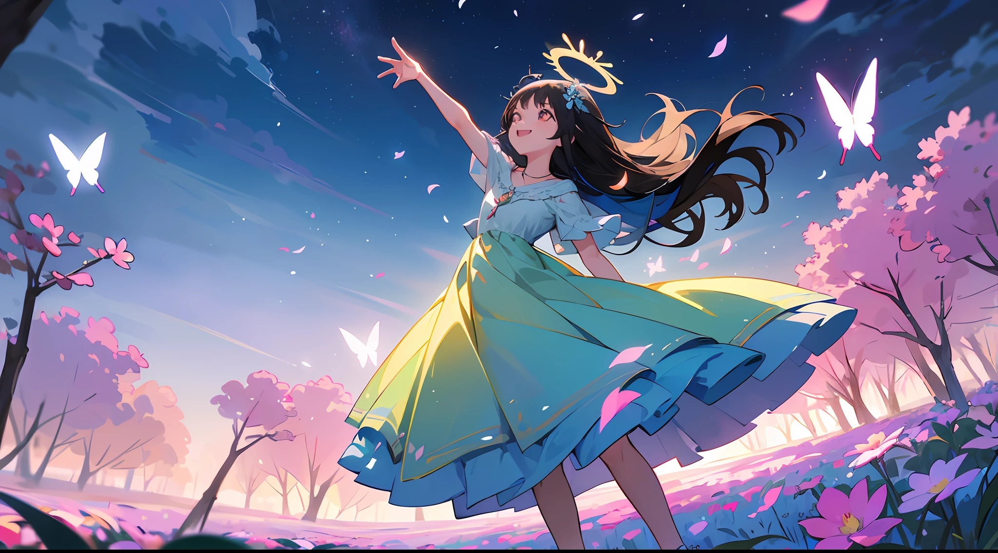 ((SFW))), Masterpiece, (High Quality), ((Photoreal)), (Cinematic Direction), (High Contrast), (Depth of Field: 1.3), (Award-winning Difference Photo: 1.1), (Face Detail), Detailed Drawing, There is a place in the forest where flowers bloom, Girl dancing in a snow-white summer dress in the flower field, Animals are jumping happily around the girl, Colorful little birds and butterflies flying around the girl, the girl is 9 , black hair very long hair, flower crown, full body figure, summer sky, summer daytime, summer clouds, summer dazzling sunshine, (flower garden), girl with open arms, dancing, necklace, (((smile)), smile, happy, fun, girl looking up at the sky, deer, flapping duck, flapping goose, hummingbird, European bulbul, kingfisher, European Oolli, ((Butterfly)), (Dazzling halo light), (Dazzling glow: .1.6), (Glow: 1.3), Backlit, (Multicolored petals soar in the wind: 1.4), strong wind, toothless, colorful flowers, (divine light), mystical glow,