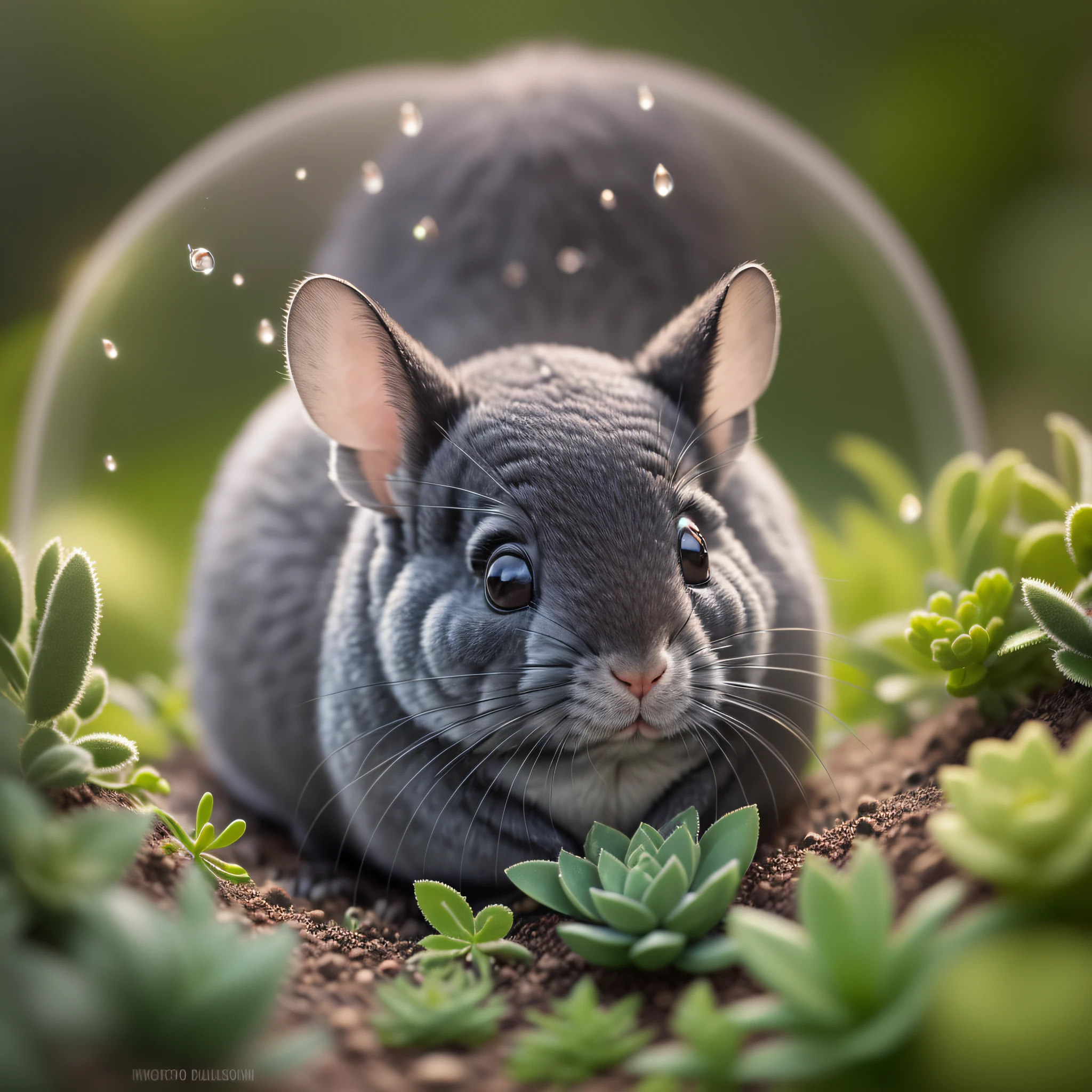 Black, toy, model, close-up photo of a chinchilla, blurred foreground, chubby fleshy, inside succulent garden, small dewdrops, small water drops, evening, super close close, backlight, sunlight, glow, furry, fireflies, volumetric fog, halo, bloom, center, rule of thirds, 200mm 1.4f macro shot