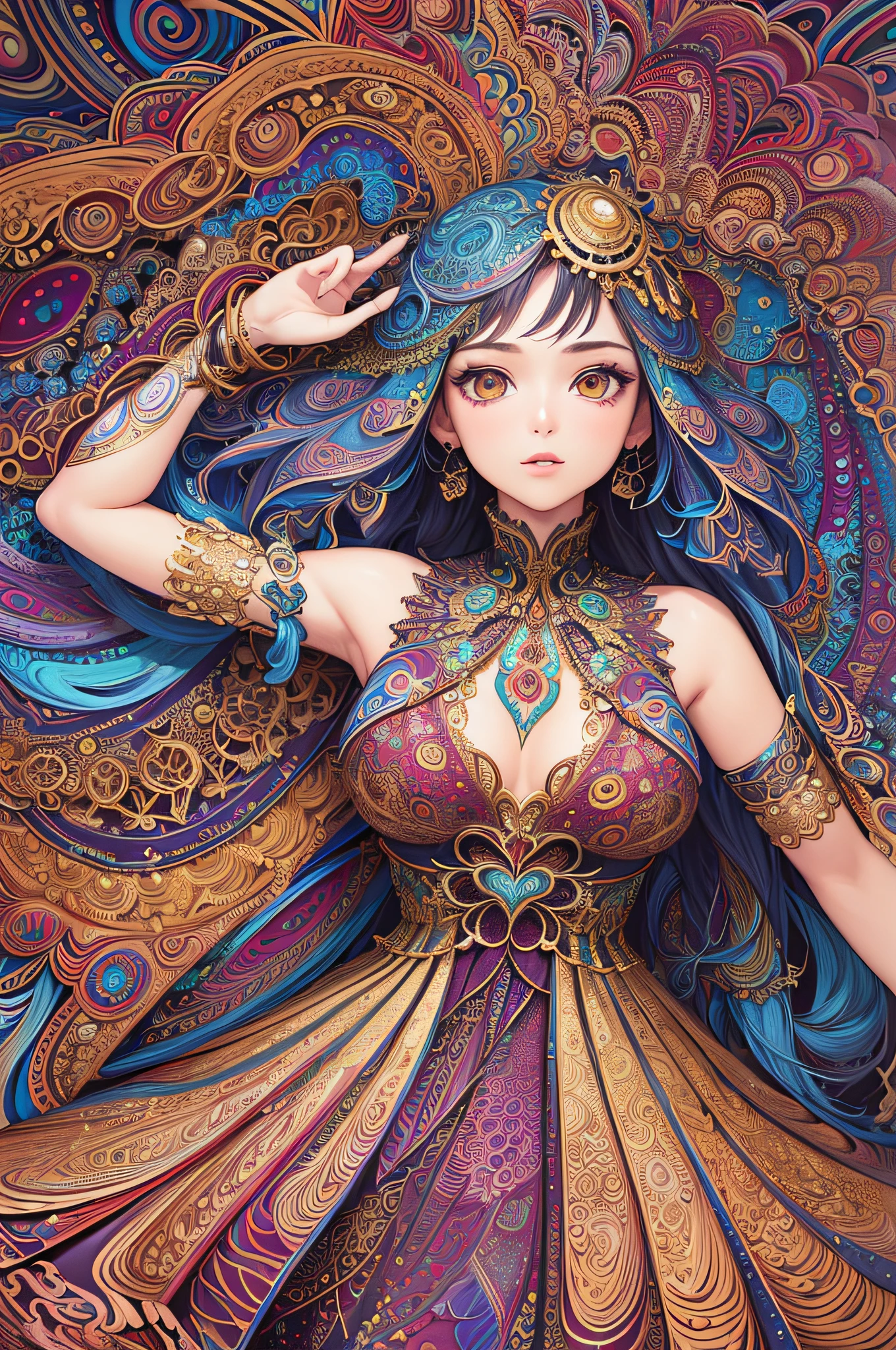 (masterpiece, top quality, best quality, official art, beautiful and aesthetic:1.2), (1girl:1.3), extremely detailed,(fractal art:1.2),colorful,highest detailed,(zentangle:1.2), (dynamic pose), (abstract background:1.5), (treditional dress:1.2), (shiny skin), (many colors:1.4), upper body