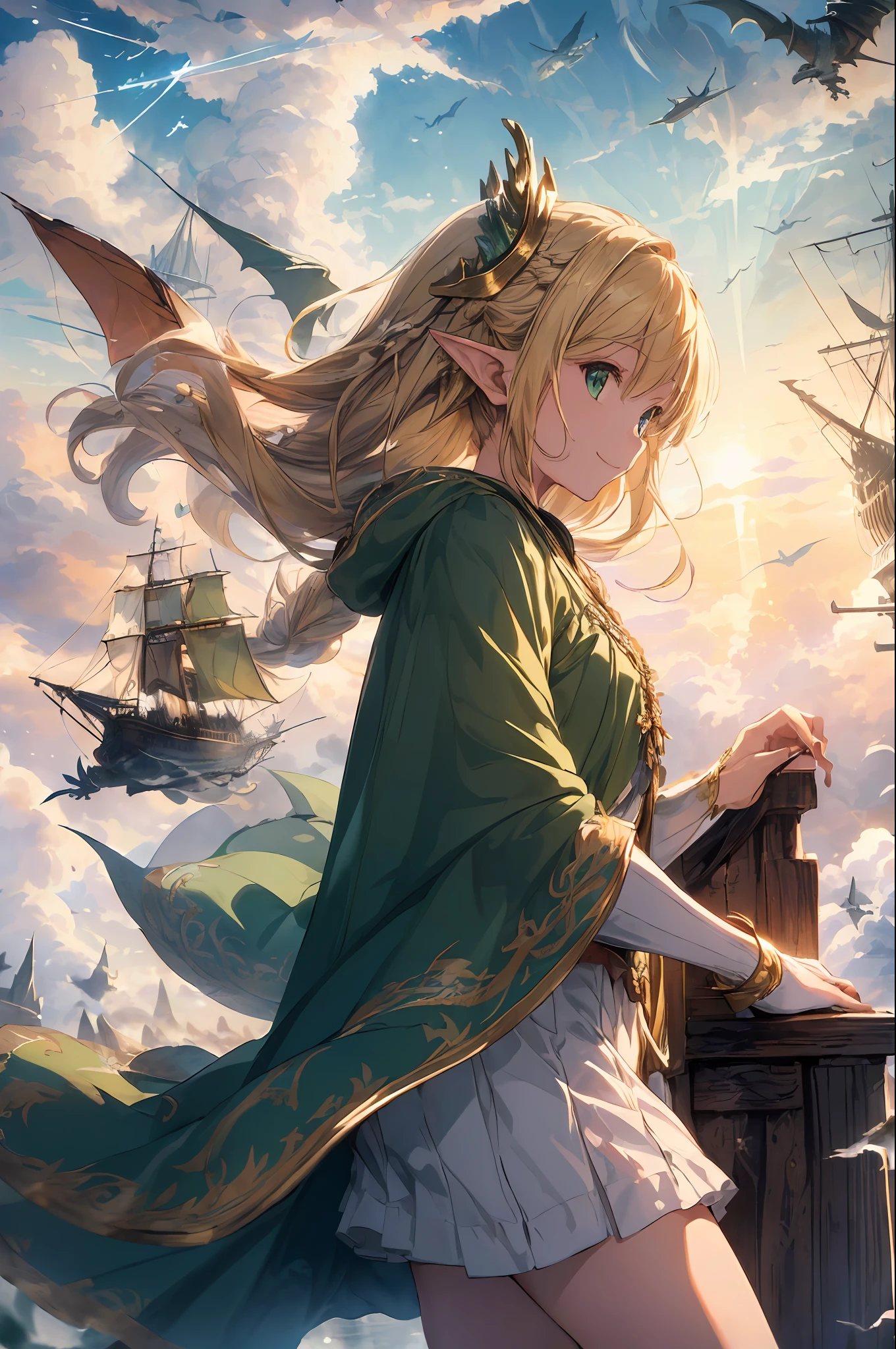 (((Masterpiece, highest quality, high definition, high detail)))), ((fantasy)), one, (Elf Queen)))), (short white skirt with gold embroidery), (blonde long braid hair), (big glowing dark green eyes), thick long cloak big enough to hide the mouth, (green surcoat with gold embroidery), big, smile, (Flying ship deck))))), ((( ( Flying Ships and Dragons))), ((((Clouds Below)))), (Clear Sky), (Sunrise), Strong Wind, Lots of Grains of Light Flying, Dynamic Angle, Side View