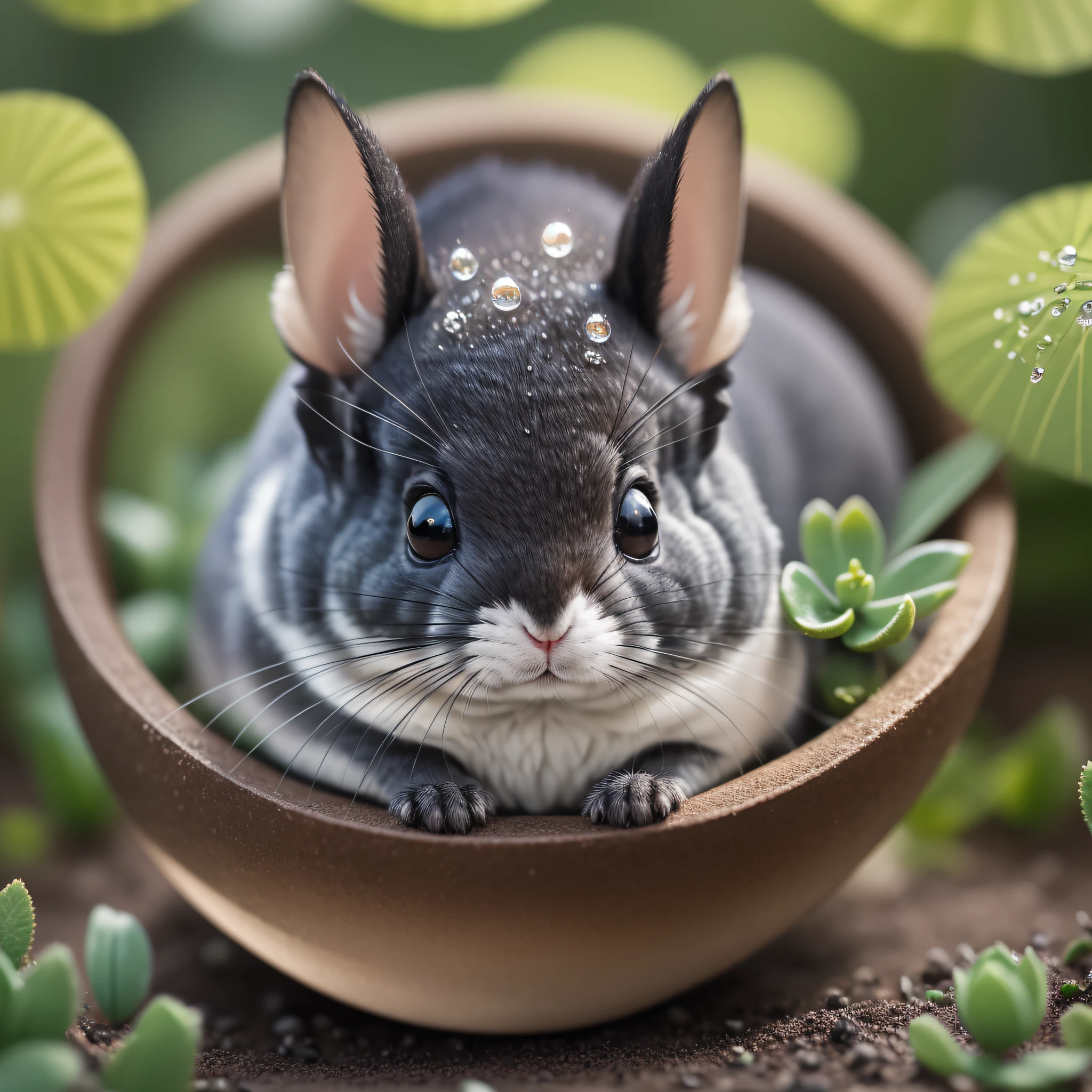 Black, toy, model, close-up photo of a chinchilla, blurred foreground, chubby fleshy, inside succulent garden, small dewdrops, small water drops, evening, super close close, backlight, sunlight, glow, furry, fireflies, volumetric fog, halo, bloom, center, rule of thirds, 200mm 1.4f macro shot