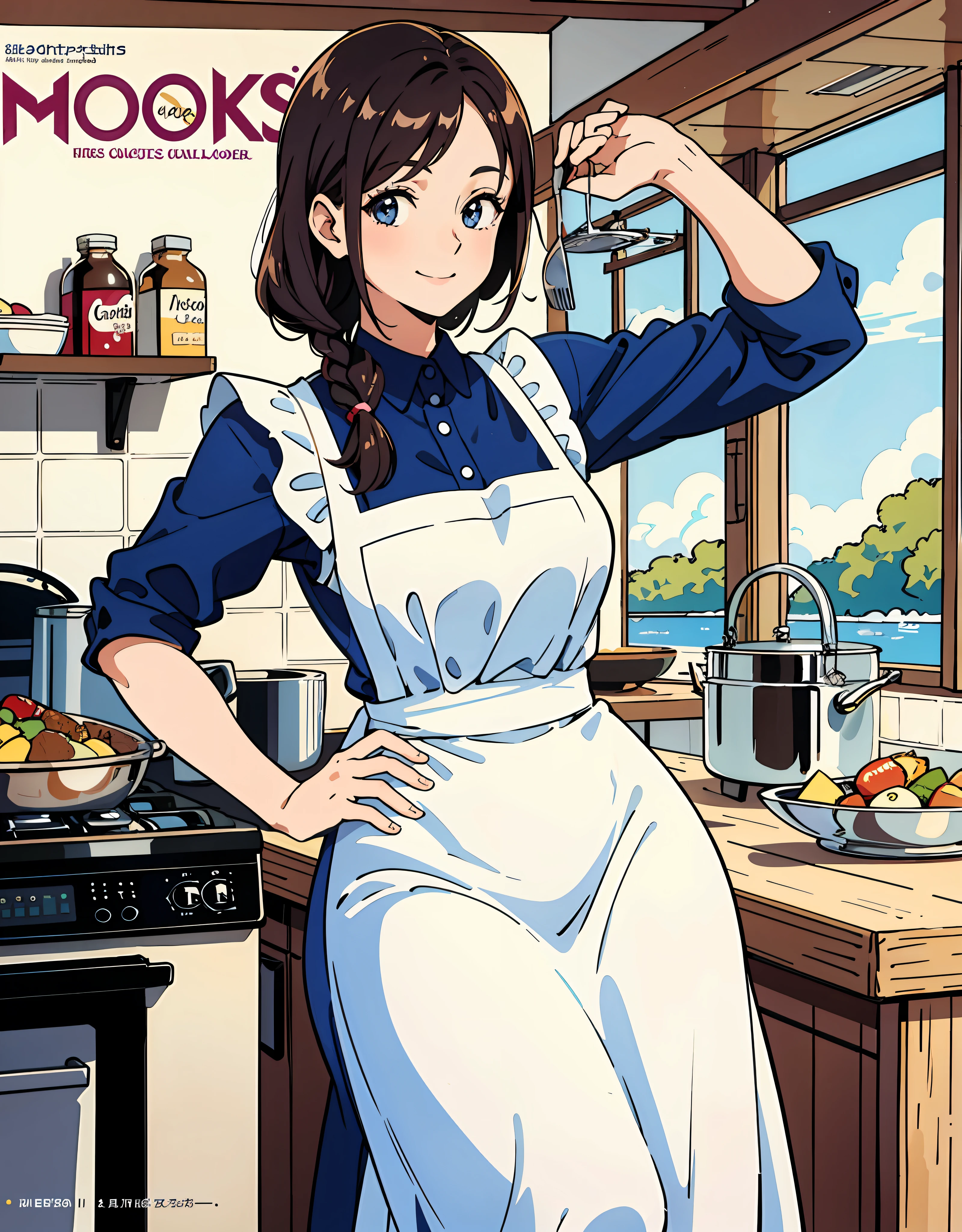 (Best Quality, Masterpiece), Women's Cooking Magazine Cover, 1girl, 20 years old, stunning, cute, warm smile, hourglass figure, floral dress, apron, food, text, chart, advertising, magazine title
