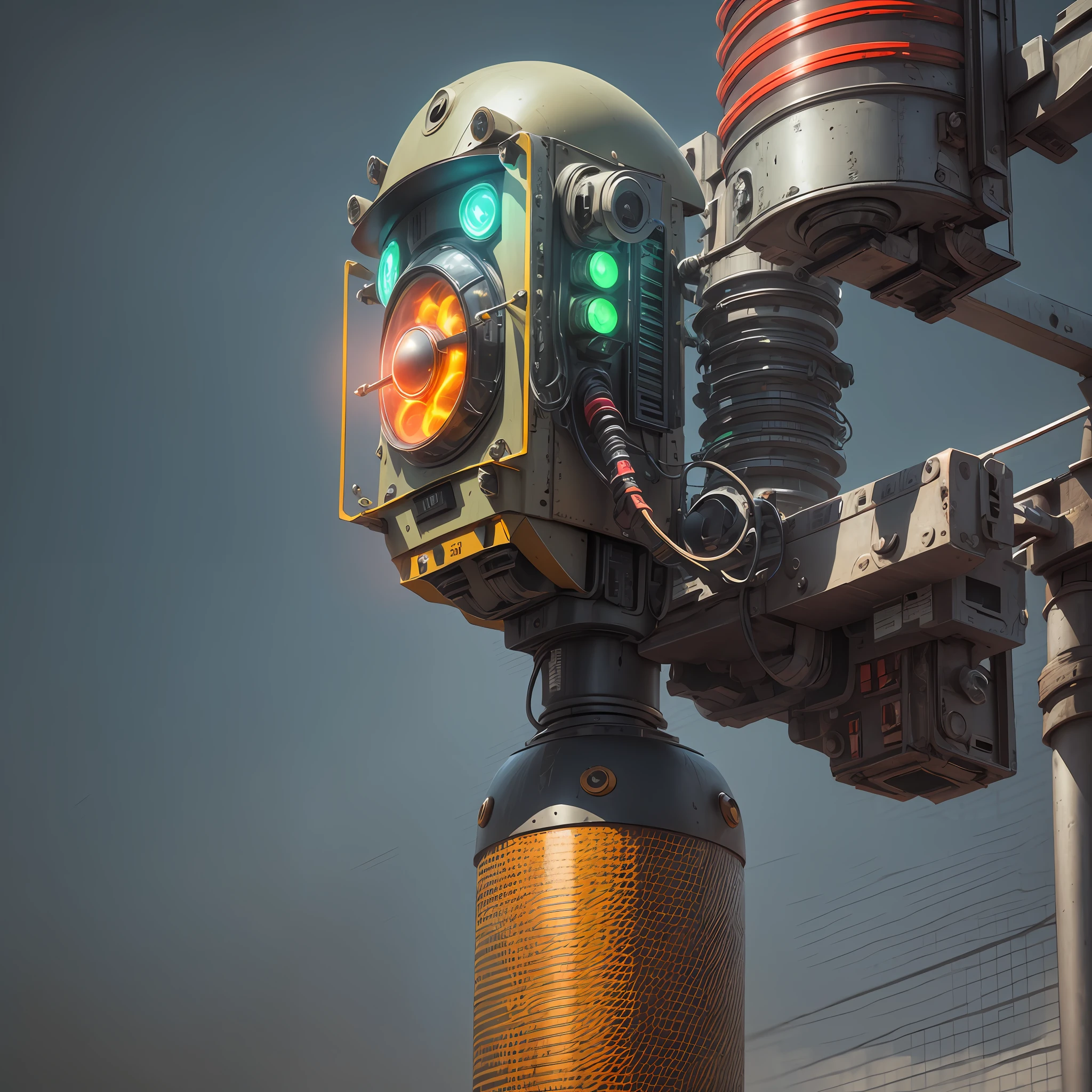 a close up one robotic traffic lights that are on a pole, (masterpiece), (best quality),photorealistic, 8k raw photo, ultra high res, robot, glowing jiqinvhai, huge robot, mechanics, mechanical parts, robot joint --auto --s2