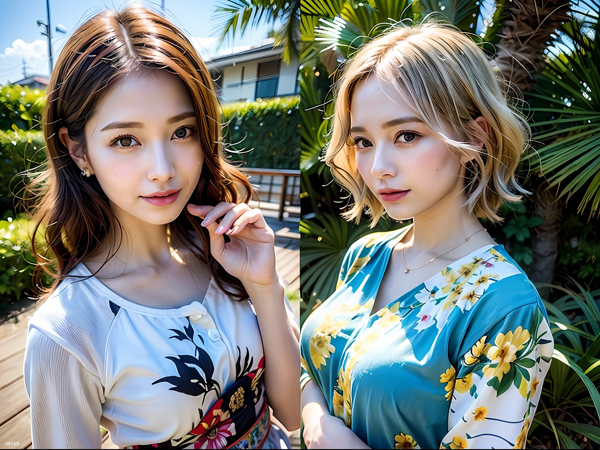 (8k, Best Quality, Masterpiece:1.2),(hair_style) ,(Realistic, Photorealistic:1.37), Best Quality, Masterpiece, Shot on a wooden deck with a view of the sky and sea in the summer sun, [Small breasts], Two models with a similar atmosphere, two people arranged in a well-balanced manner, high balance, backlight, camera angle from below, Hands over the ears, Shot in natural light from morning to noon, Hairstyle and fashion style according to the trend of Japan in 2023, realistic, lifelike, super detailed, beautiful face, 30s, actress, Japan and half Russian model, elaborate CG, slender, cute, adult, hairstyle is two long models and bob models according to the Japan fashion of 2023, hair fluttering in the wind, delicate skin type, The fine details and softness of the hair, the model's hair color is slightly bright and soft, the glossy makeup, fashion style is a cheerful impression with a bright color surf fashion without exposure that matches the summer trend of 2023