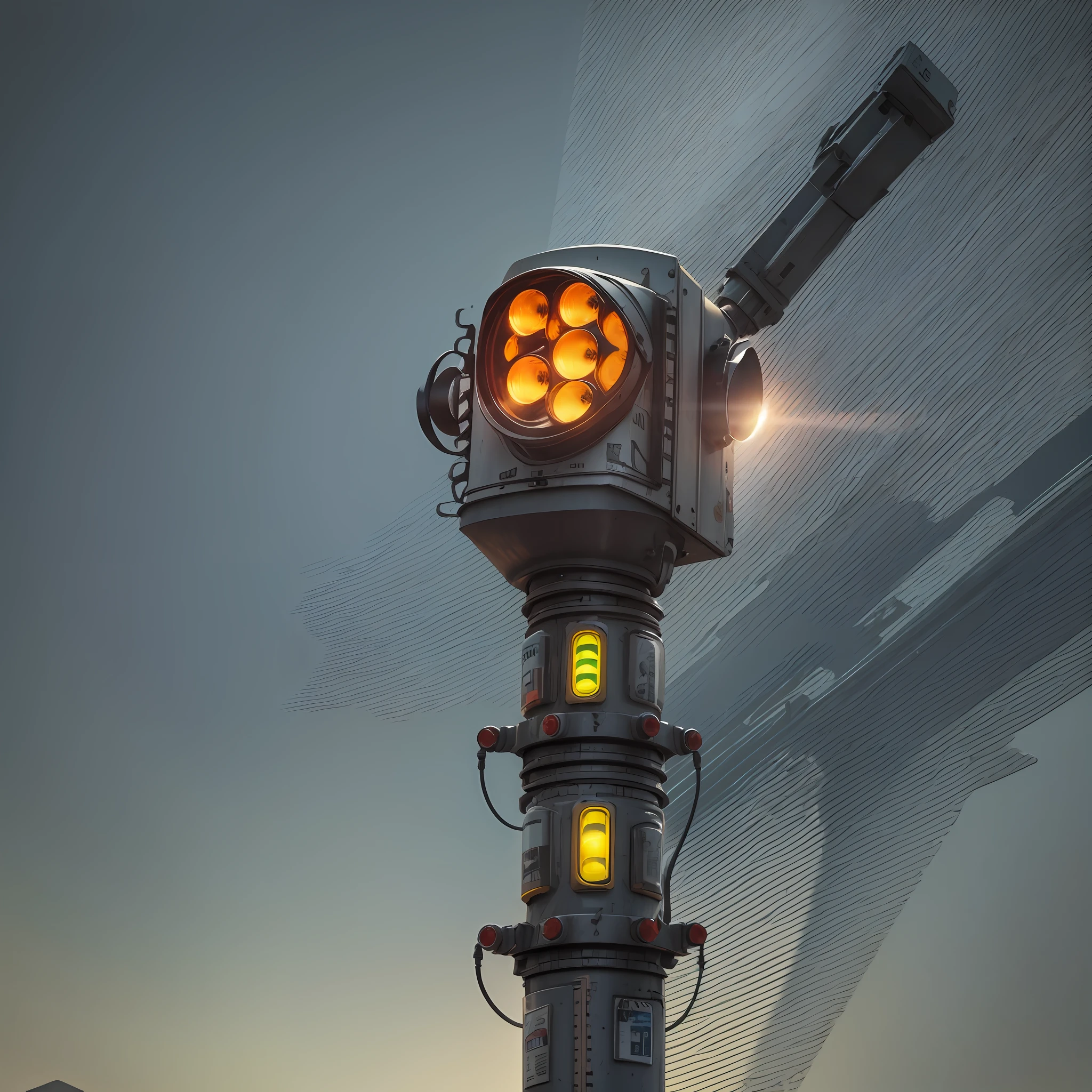 a close up one robotic traffic lights that are on a pole, (masterpiece), (best quality),photorealistic, 8k raw photo, ultra high res, robot, glowing jiqinvhai, huge robot, mechanics, mechanical parts, robot joint --auto --s2