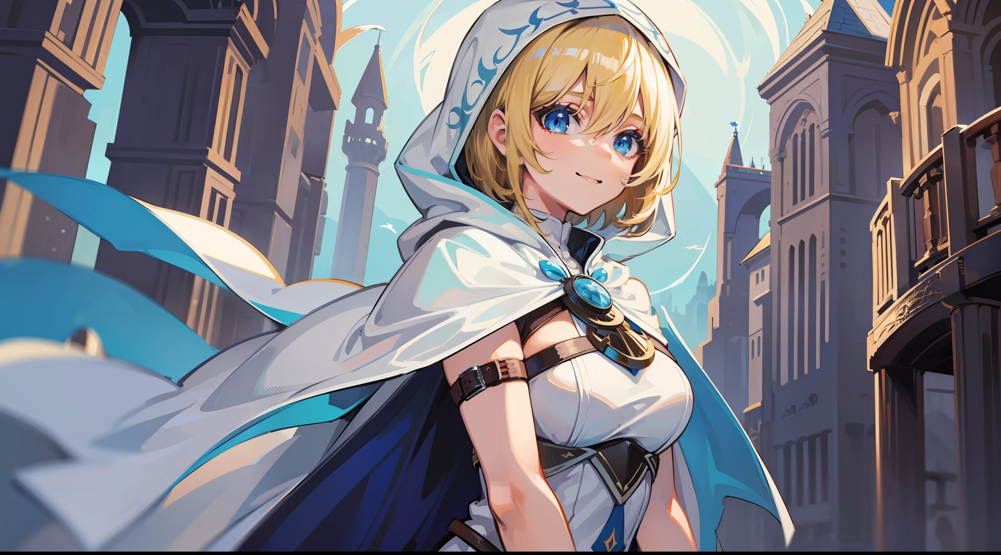 a girl, cleric, blonde, short hair, bright blue eyes, beautiful breasts, hair between eyes, bangs, confident, heroic posture, smiling, looking at camera, white robe, cape, hood lowered, fantasy, medieval, dusk