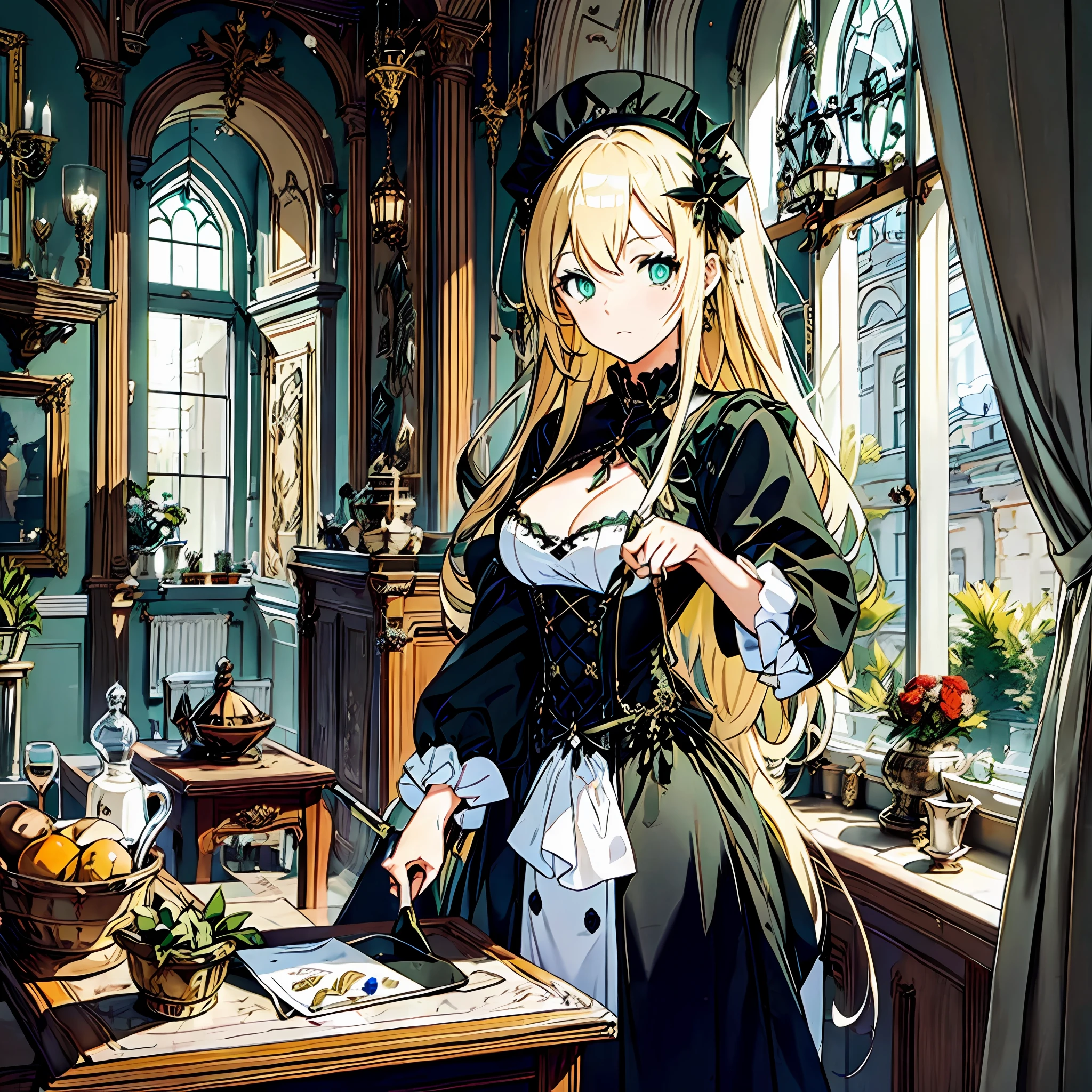 Blonde maid, green eyes, black Gothic costume, quietly cleaning in the castle