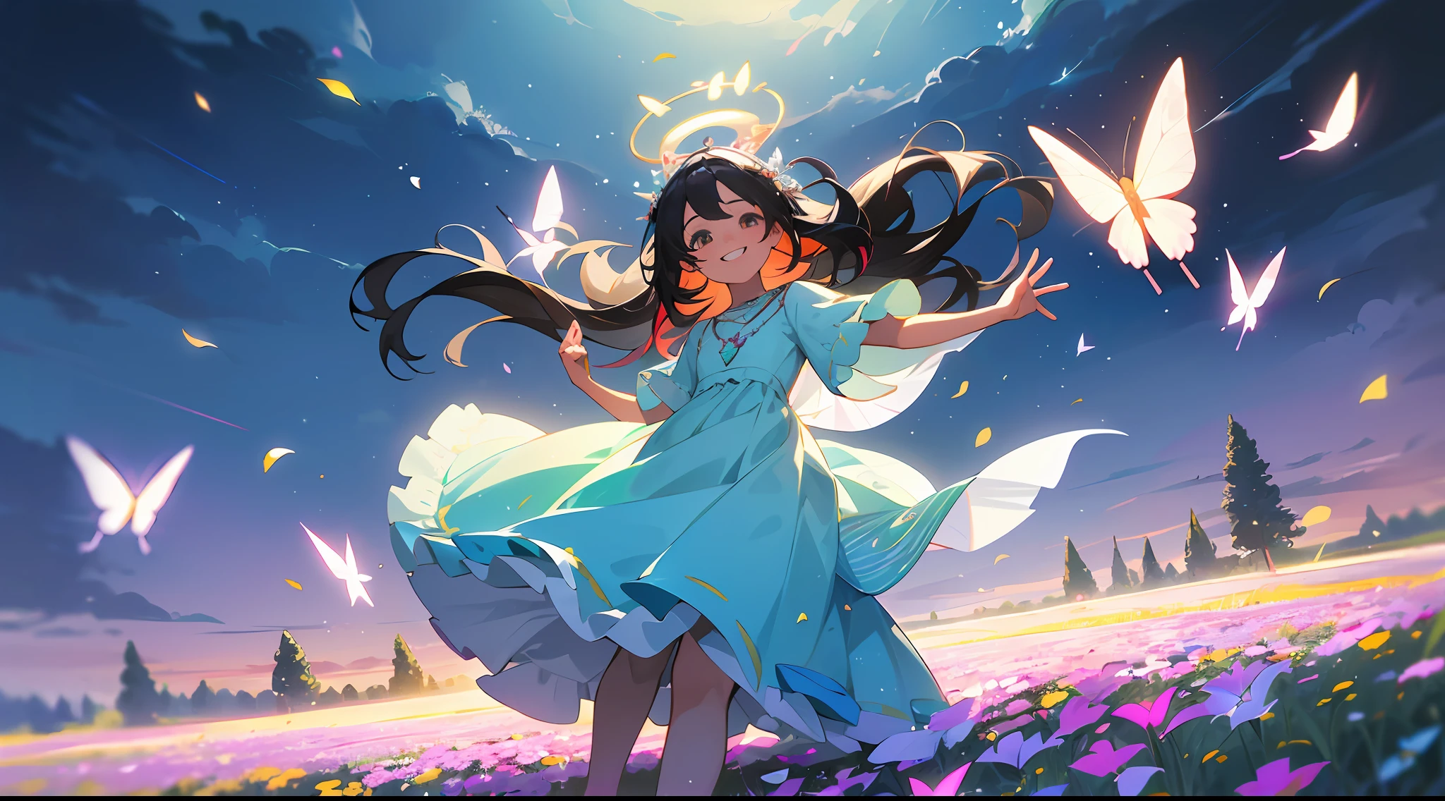 ((SFW))), Masterpiece, (High Quality), ((Photoreal)), (Cinematic Direction), (High Contrast), (Depth of Field: 1.3), (Award-winning Difference Photo: 1.1), (Face Detail), Detailed Drawing, There is a place in the forest where flowers bloom, Girl dancing in a snow-white summer dress in the flower field, Animals are jumping happily around the girl, Colorful little birds and butterflies flying around the girl, the girl is 9 years old, black hair very long hair, flower crown, full body figure, summer sky, summer daytime, summer clouds, summer dazzling sunshine, (flower garden), girl with open arms, dancing, necklace, (((smile)), smile, happy, fun, girl looking up at the sky, deer, flapping duck, flapping goose, hummingbird, European bulbul, kingfisher, European Oolli, ((Butterfly)), (Dazzling halo light), (Dazzling glow: .1.6), (Glow: 1.3), Backlit, (Multicolored petals soar in the wind: 1.4), strong wind, toothless, colorful flowers, (divine light), mystical glow,