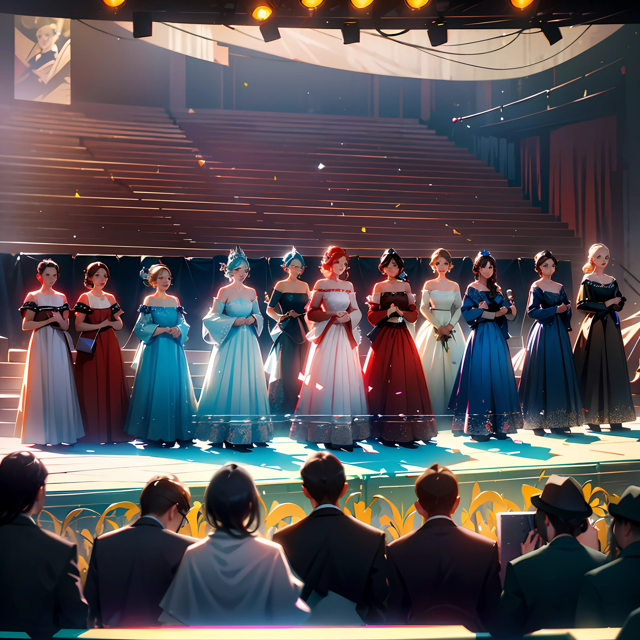 Old American Pioneer Square, wooden stage 2 yards high and 2 yards deep and 10 yards wide, daytime outdoor stage concert, {5 white female singers in red dresses standing evenly spaced on the stage with their hands folded behind their heads}, {On the far left of the stage, a man in a suit is introducing five female singers}, { At the far right of the stage is a line of female singers in blue dresses}, {behind 10 hatless cowboys raising wads in the audience below the stage}, {{Looking up at the five female singers on stage from the audience}}