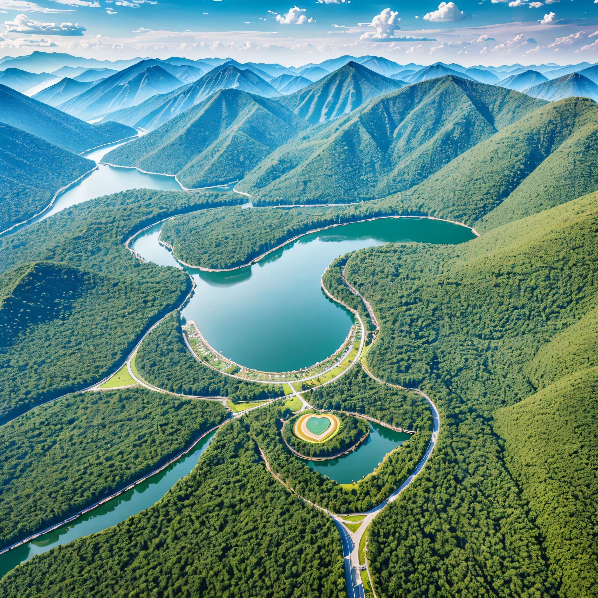 RAW photos, small details, realistic, ultra-realistic photos, 8k ultra high definition, DSLR, soft light, high quality, film grain, Fujifilm XT3, (masterpiece) Qiandao Lake, a heart-shaped forest in the center, aerial angle --auto --s2