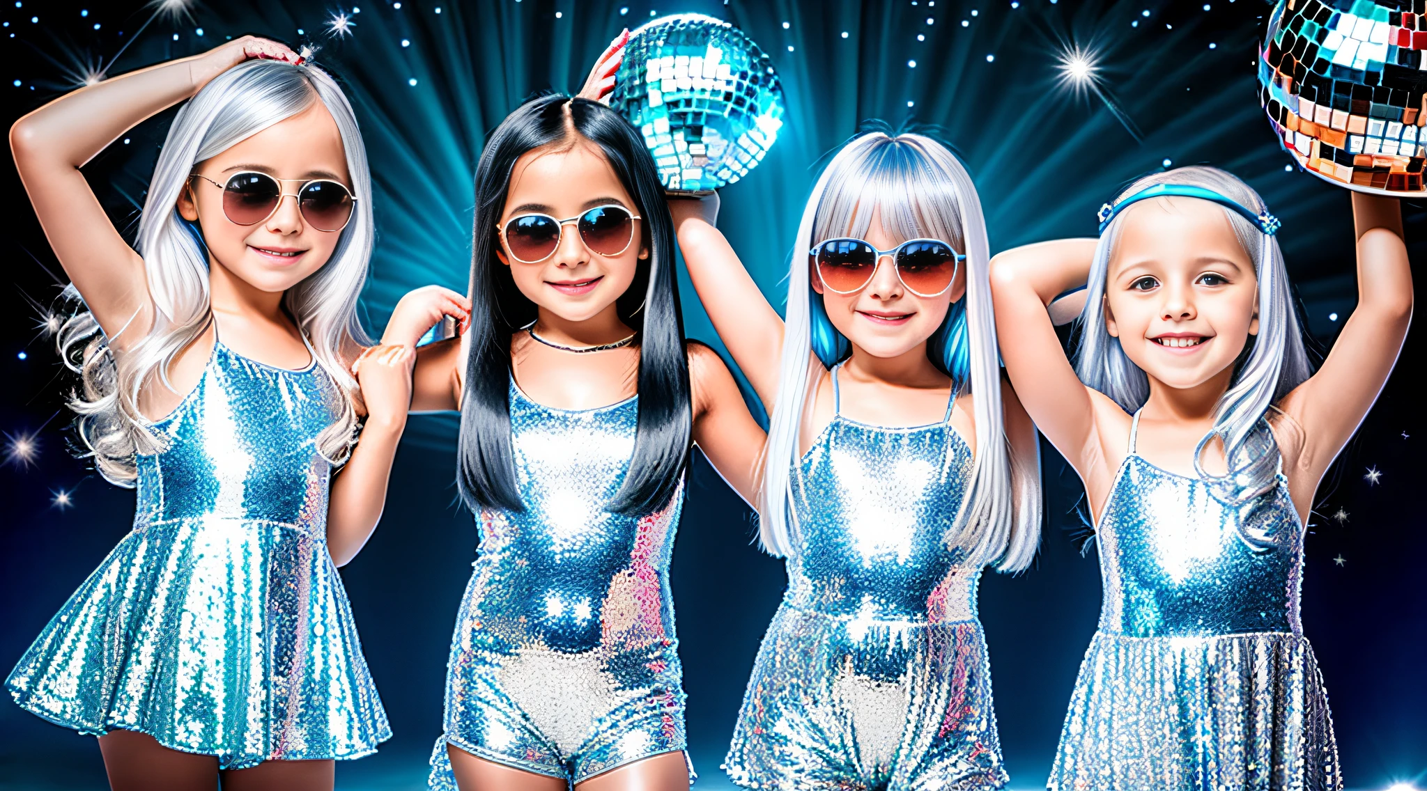 3 girlsRussian children with 10 years old, WITH LONG STRAIGHT HAIR, PORTRAIT STYLE, sunglasses holding a disco ball petroleum blue background, disco ball, silver hair, disc smile,
