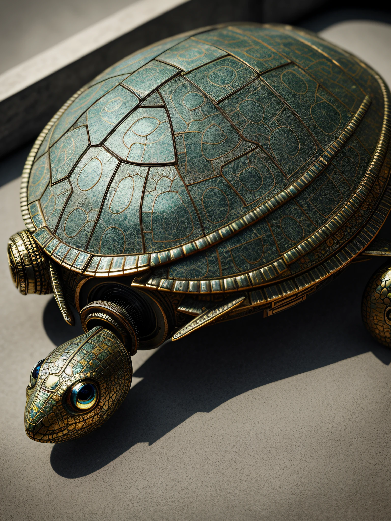 A beautiful tartaruguinha made of metal, (cyborg:1.1), ([detailed body]:1.3), (intricate details), HDR, (intricate details, hyperdetailed:1.2), cinematic plane, vignette, centered