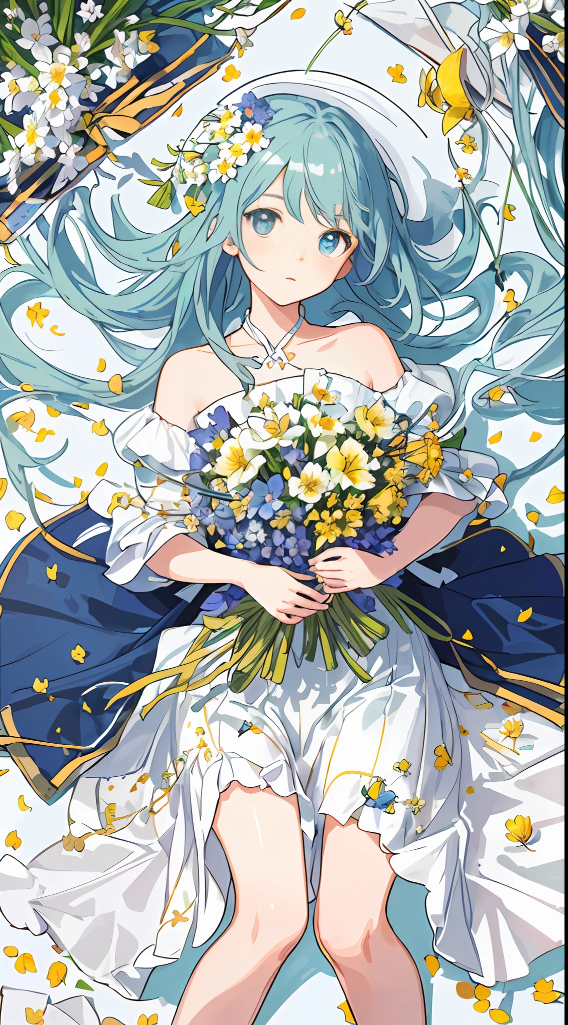 ((masterpiece,best quality)),(1girl, solo:1.4),negative space:1.3,from above,beautiful detailed eyes, vivid, cloudy sky, flower, anemone \(flower\), daffodil, hyacinth,falling petals,sanshoku dango, hanami, picnic, incoming kiss, incoming hug,