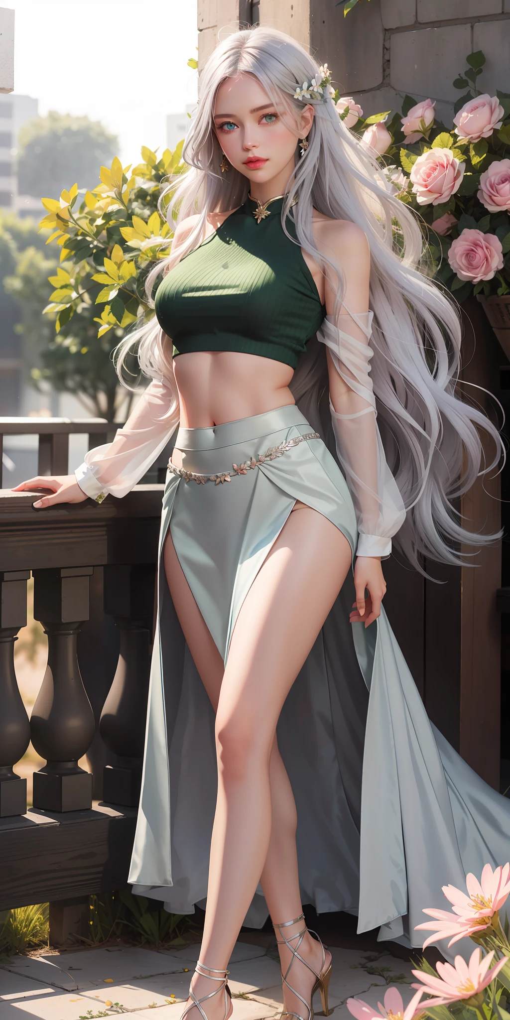 realistic, 1girl, silver hair, very long hair, green eyes, glowing eyes, crop top, skirt, parted lips, blush, night, flowers, sun, sunlight,