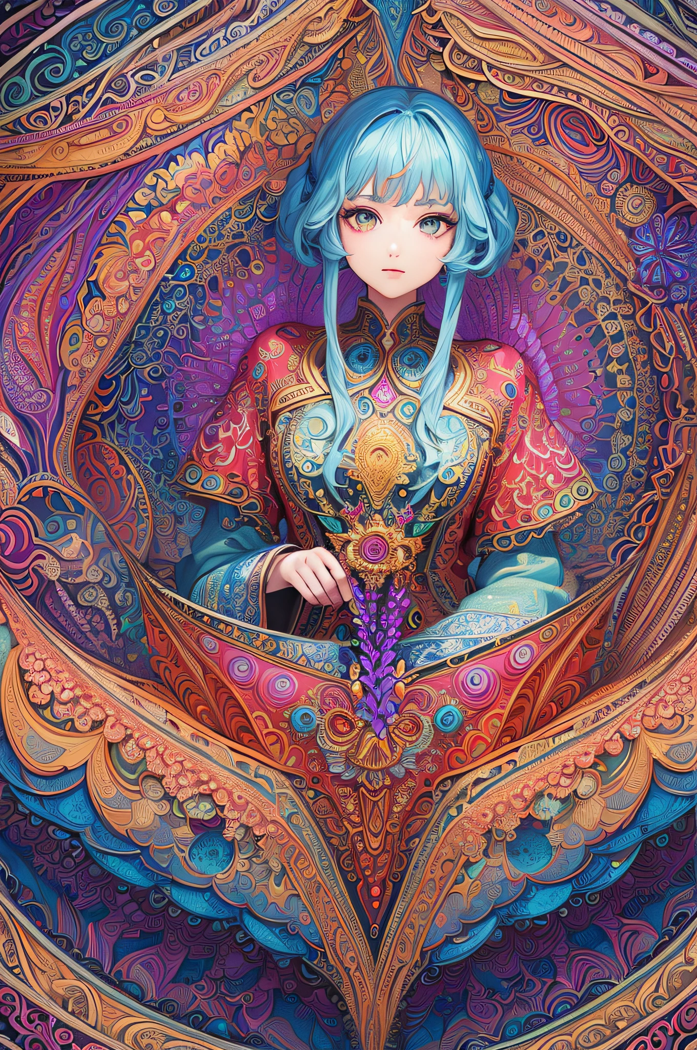 (masterpiece, top quality, best quality, official art, beautiful and aesthetic:1.2), (1girl:1.3), extremely detailed,(fractal art:1.2),colorful,highest detailed,(zentangle:1.2), (dynamic pose), (abstract background:1.5), (treditional dress:1.2), (shiny skin), (many colors:1.4), upper body