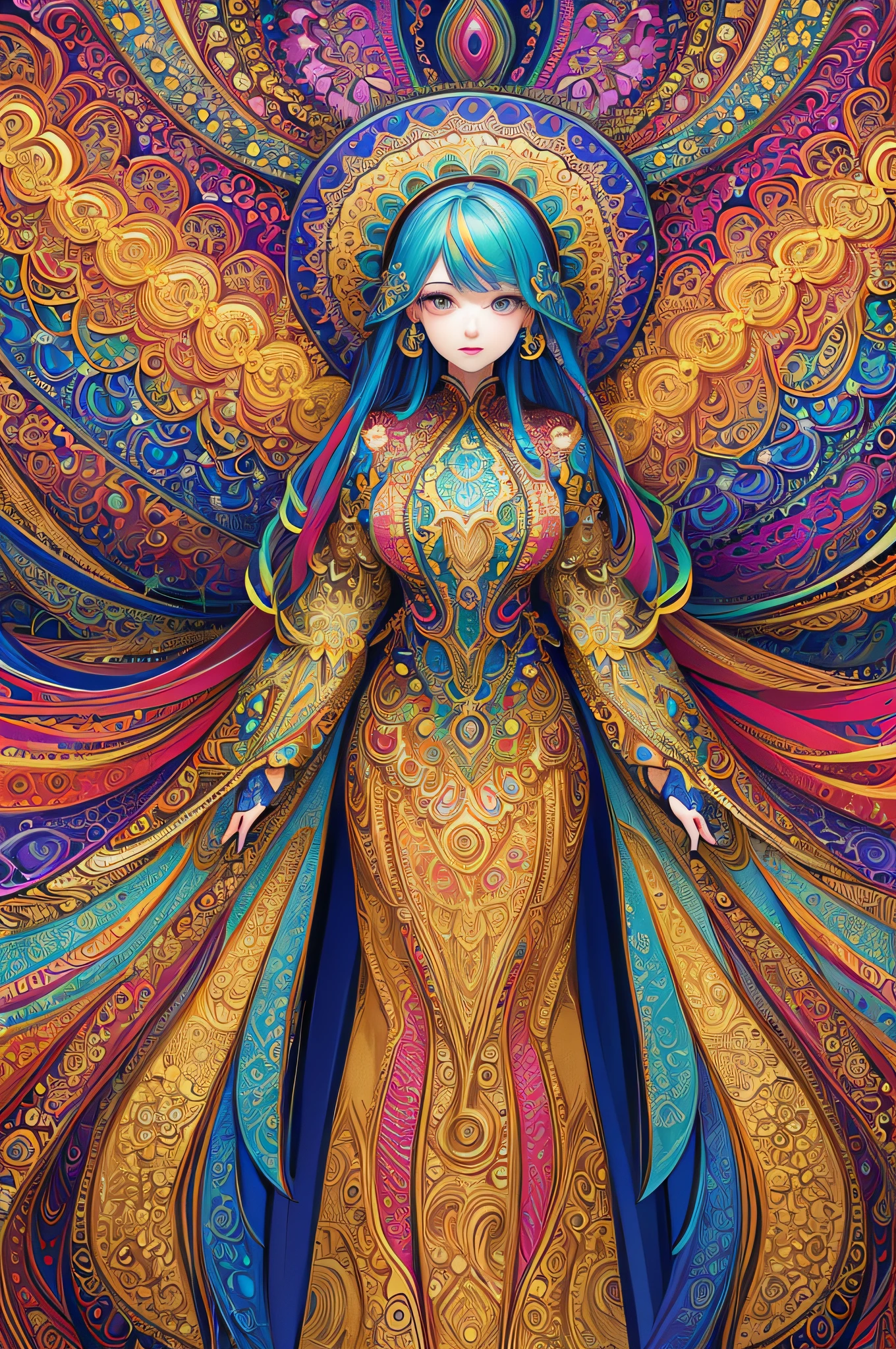 (masterpiece, top quality, best quality, official art, beautiful and aesthetic:1.2), (1girl:1.3), extremely detailed,(fractal art:1.2),colorful,highest detailed,(zentangle:1.2), (dynamic pose), (abstract background:1.5), (treditional dress:1.2), (shiny skin), (many colors:1.4), upper body