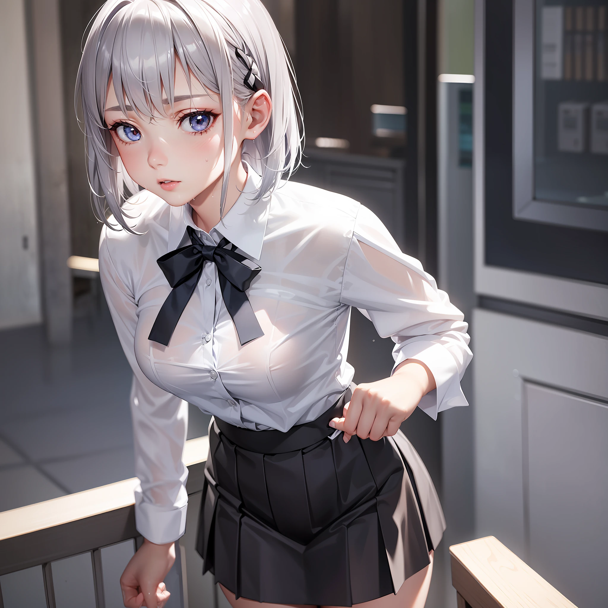 Silver hair, upward, 18 years old, school uniform, high-waisted skirt, ribbon, embarrassing, fair-skinned, skin, realistic, wet, sideways, (close-up), (breast), body line, sheer, shirt, straight hair, perfect eyes, small face, short hair