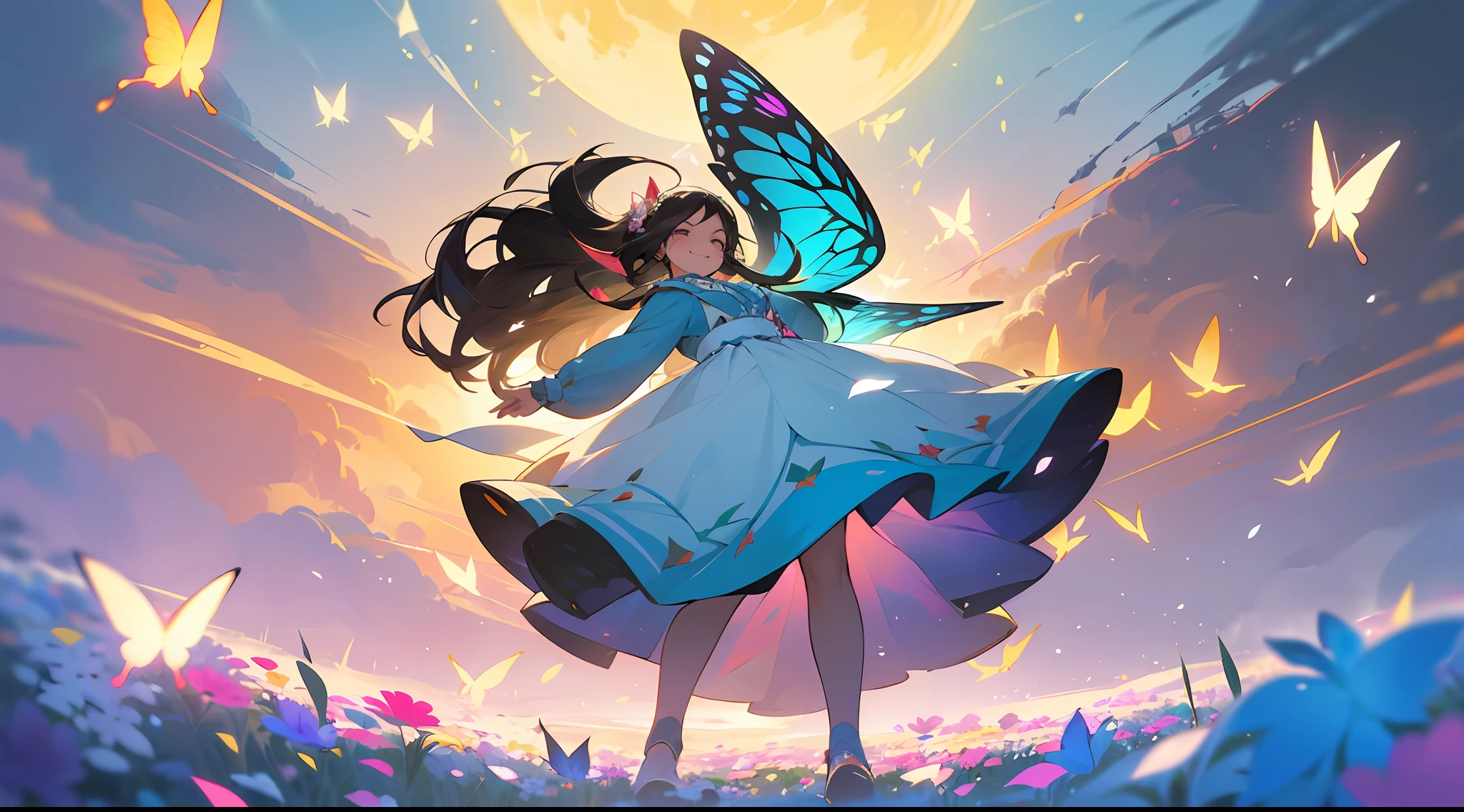 ((SFW))), Masterpiece, (High Quality), ((Photoreal)), (Cinematic Direction), (High Contrast), (Depth of Field: 1.3), (Award-winning Difference Photo: 1.1), (Face Detail), Detailed Drawing, There is a place in the forest where flowers bloom, Girl dancing in a snow-white summer dress in the flower field, Animals are jumping happily around the girl, Colorful little birds and butterflies flying around the girl, the girl is 9 years old, black hair very long hair, flower crown, full body figure, summer sky, summer daytime, summer clouds, summer dazzling sunshine, (flower garden), girl with open arms, dancing, necklace, (((smile)), smile, happy, fun, girl looking up at the sky, deer, flapping duck, flapping goose, hummingbird, European bulbul, kingfisher, European Oolli, ((Butterfly)), (Dazzling halo light), (Dazzling glow: .1.6), (Glow: 1.3), Backlit, (Multicolored petals soar in the wind: 1.4), strong wind, toothless, colorful flowers, (divine light), mystical glow,