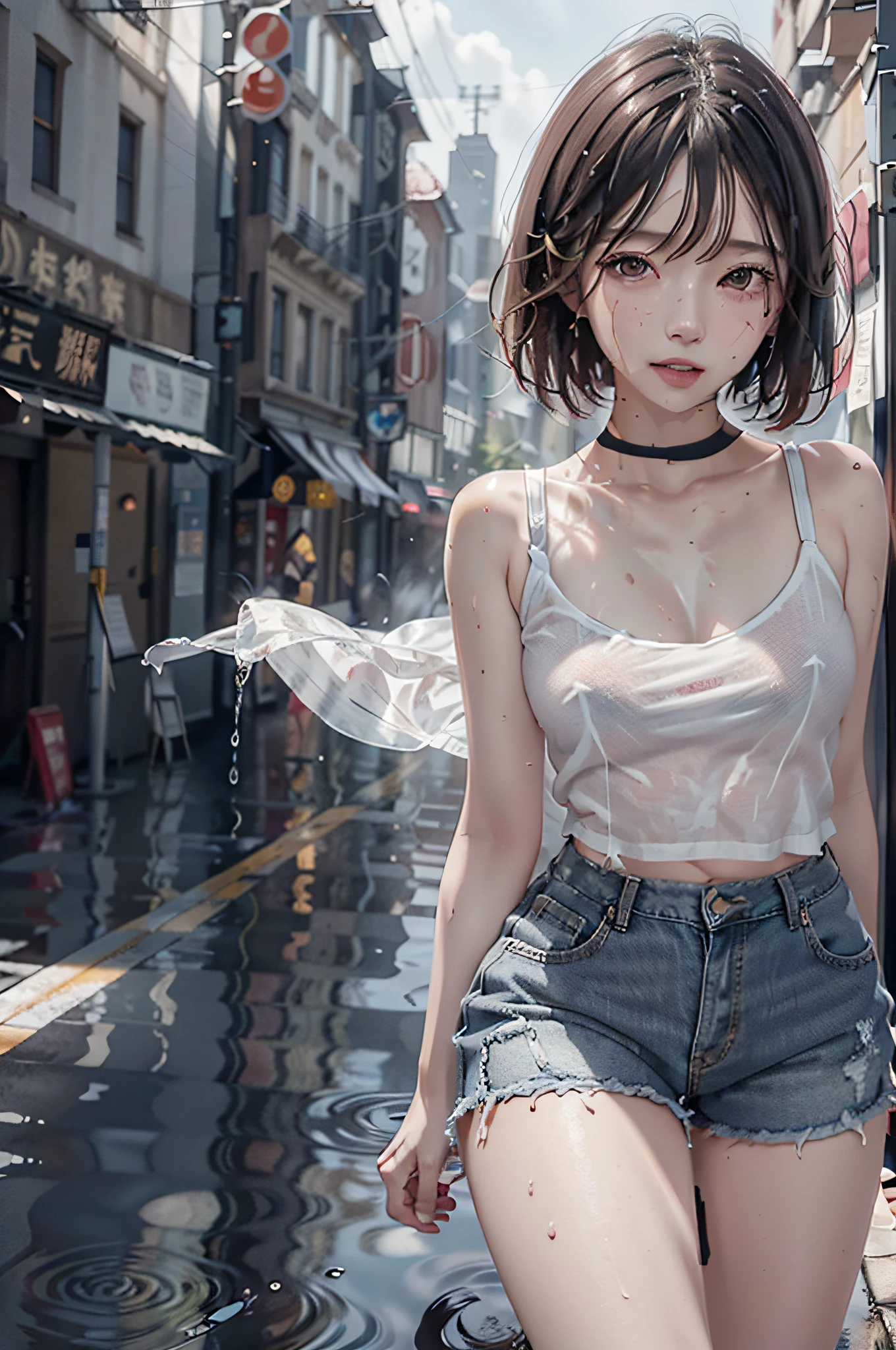 Best Quality, Masterpiece, Ultra High Resolution, (Fidelity: 1.4), Photo, 1 Girl, [(Scared, Frightened)], Medium Tits, No Bra, White Shirt, Dim, Dark, Despair, Mercy, Pathetic, Movie, Tears, Teardrops, (Torn Clothes: 2), (Wet Clothes: 1.4), Soaked, Exposed Shoulders, Real Rain, Short and Medium Hair (Wet Hair: 1.1) , On the roads of the city, Quarterppelganger, denim shorts, translucent