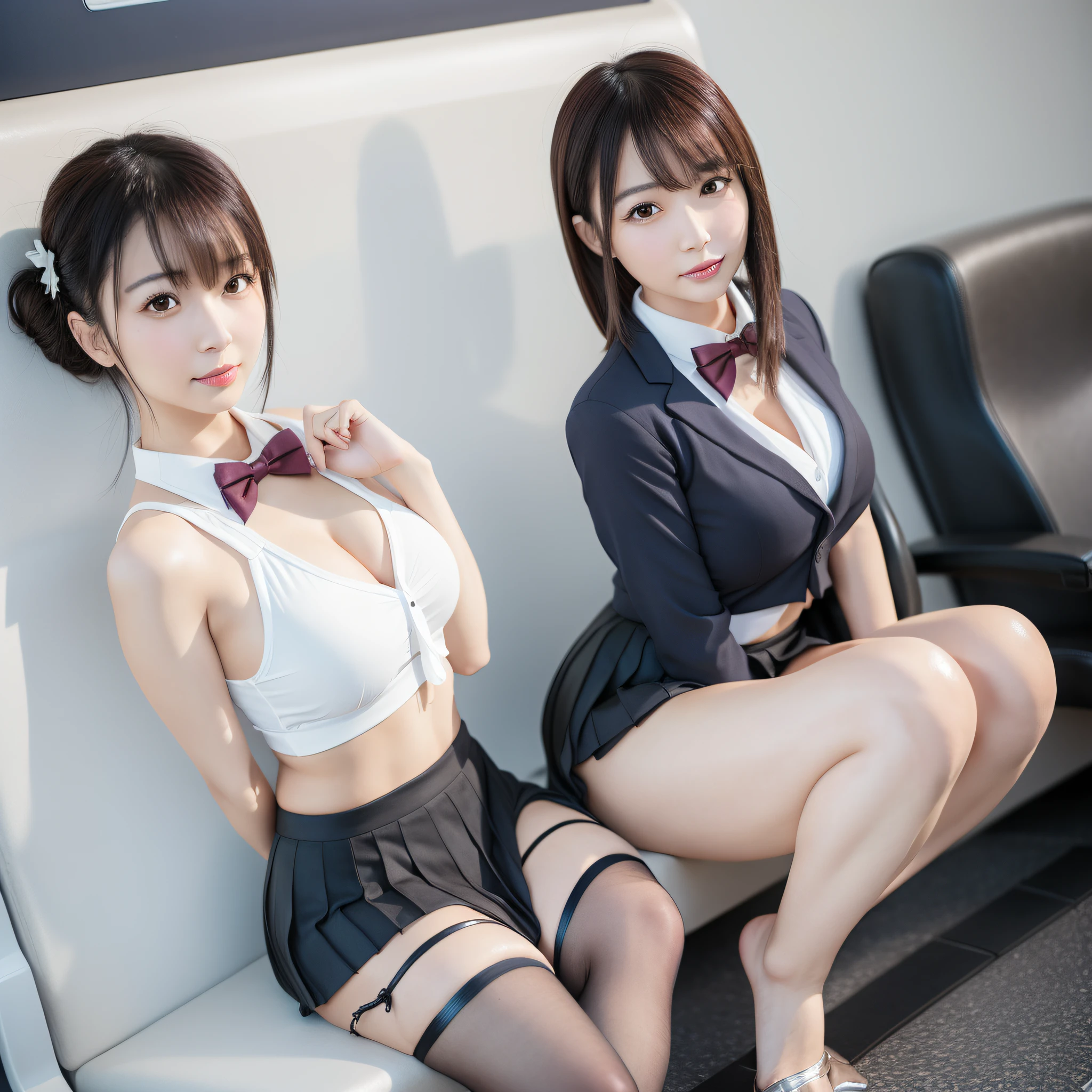 arafed asian woman in a short pleated skirt and bow tie, half squat on a train, beautiful girl, hyperrealistic, posing, full body, nice skin, shiny skin, nice thighs, shiny thighs, shiny legs, in the pool, wet, rubber ducks,