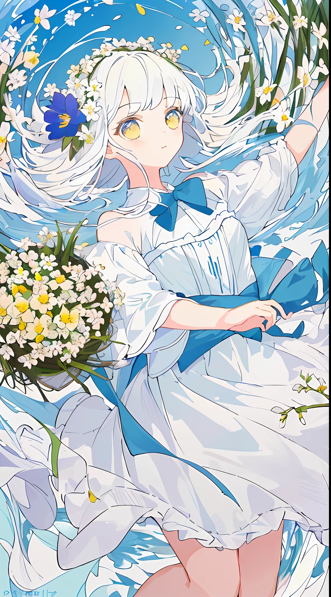 ((masterpiece,best quality)),(1girl, solo:1.4),negative space:1.3,from above,beautiful detailed eyes, vivid, cloudy sky, flower, anemone \(flower\), daffodil, hyacinth,falling petals,sanshoku dango, hanami, picnic, incoming kiss, incoming hug,