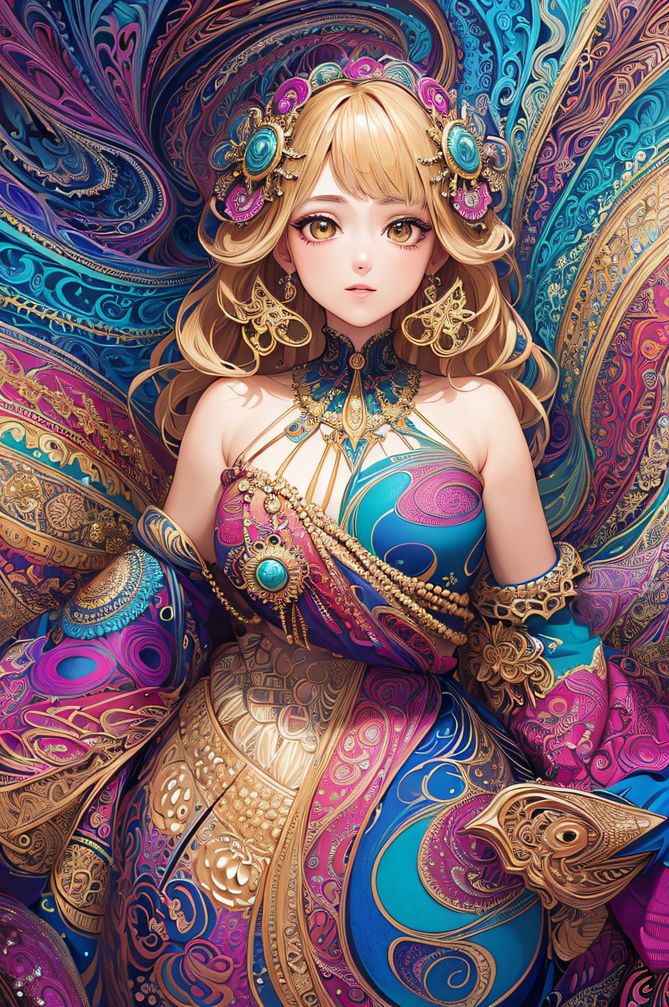 (masterpiece, top quality, best quality, official art, beautiful and aesthetic:1.2), (1girl:1.3), extremely detailed,(fractal art:1.2),colorful,highest detailed,(zentangle:1.2), (dynamic pose), (abstract background:1.5), (treditional dress:1.2), (shiny skin), (many colors:1.4), upper body