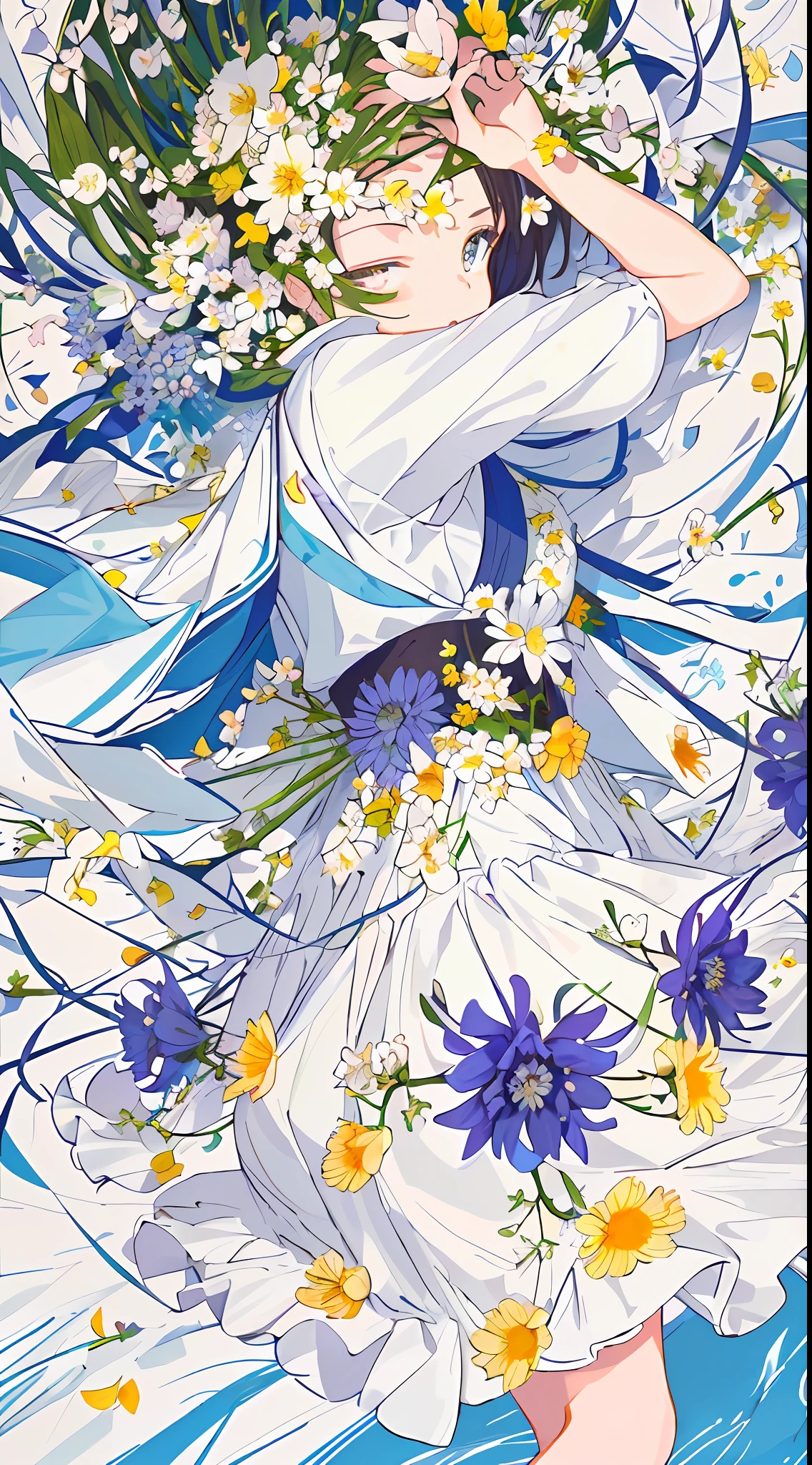 ((masterpiece,best quality)),(1girl, solo:1.4),negative space:1.3,from above,beautiful detailed eyes, vivid, cloudy sky, flower, anemone \(flower\), daffodil, hyacinth,falling petals,sanshoku dango, hanami, picnic, incoming kiss, incoming hug,